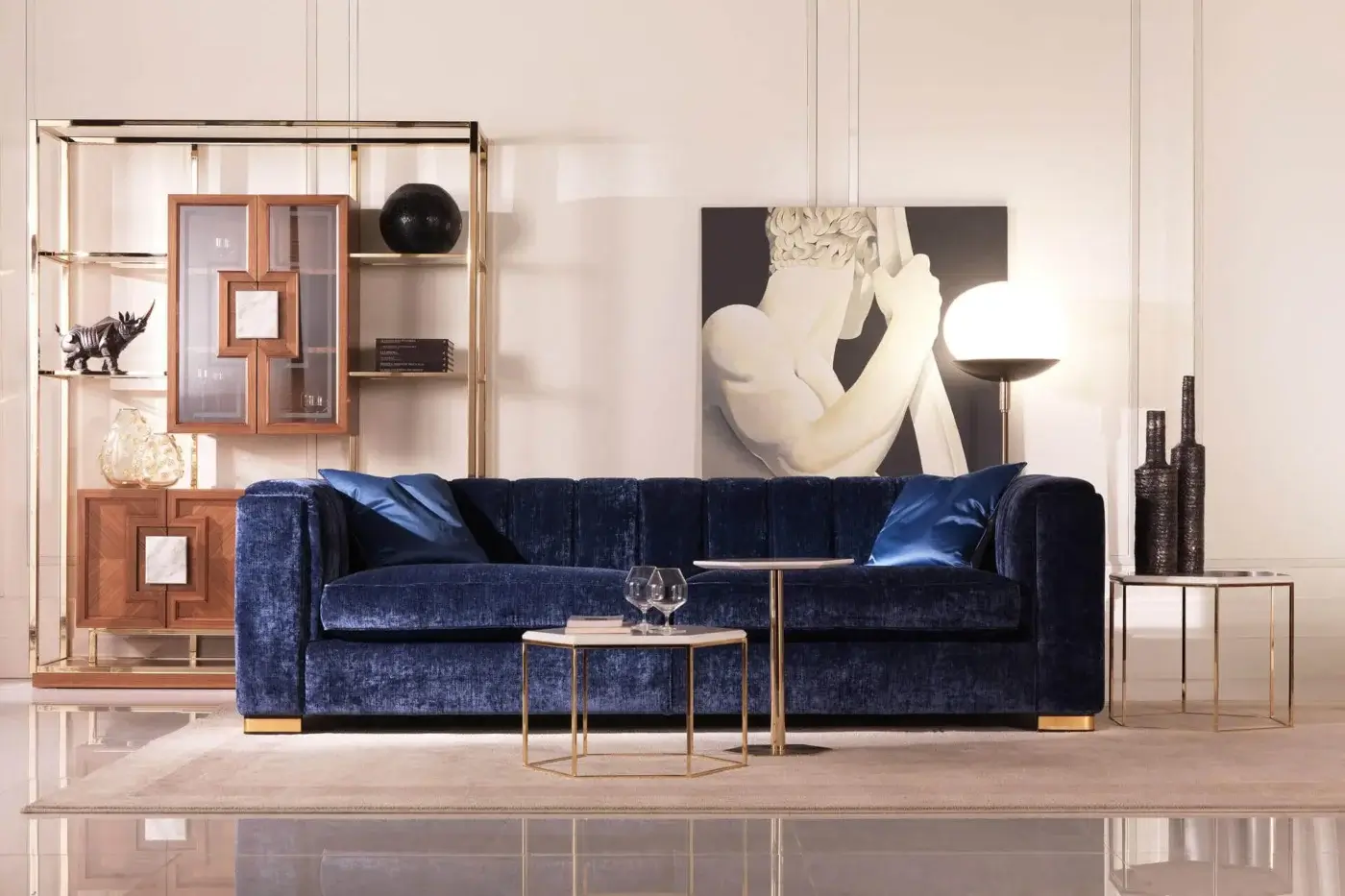 Lavish Zanaboni Magritte sofa with deep blue velvet upholstery and discreet gold-finish metal feet