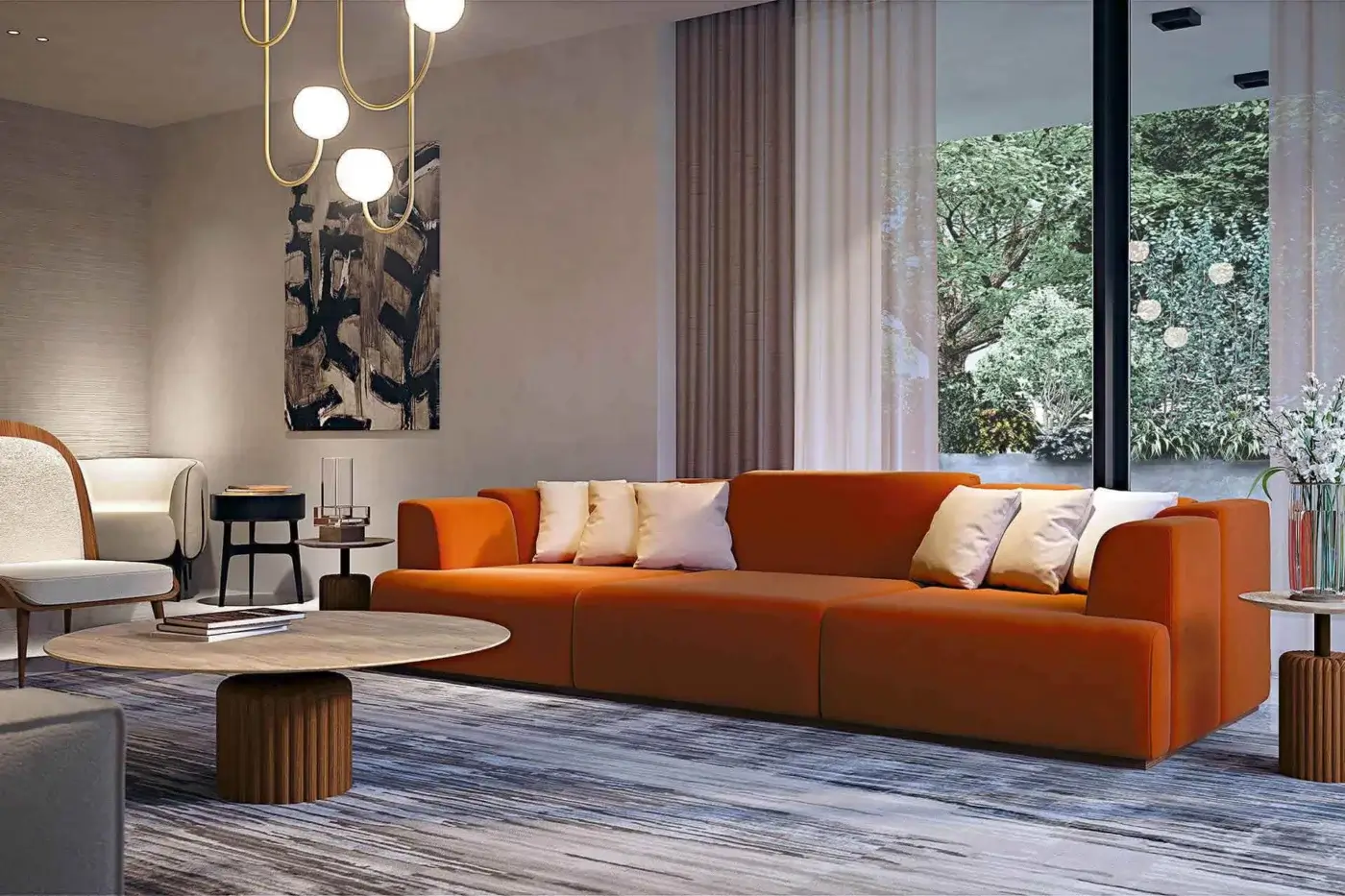 Captivating Zanaboni Nouvelle Vague sofa with bold orange textile upholstery and Canaletto walnut-stained wooden base