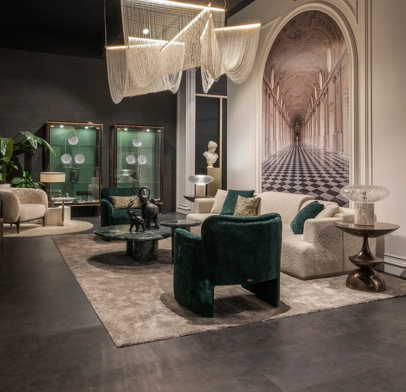 Exclusive Zanaboni Nouvelle Vague sofa with deep teal velvet upholstery and Canaletto walnut-stained wooden base featuring a matte finish