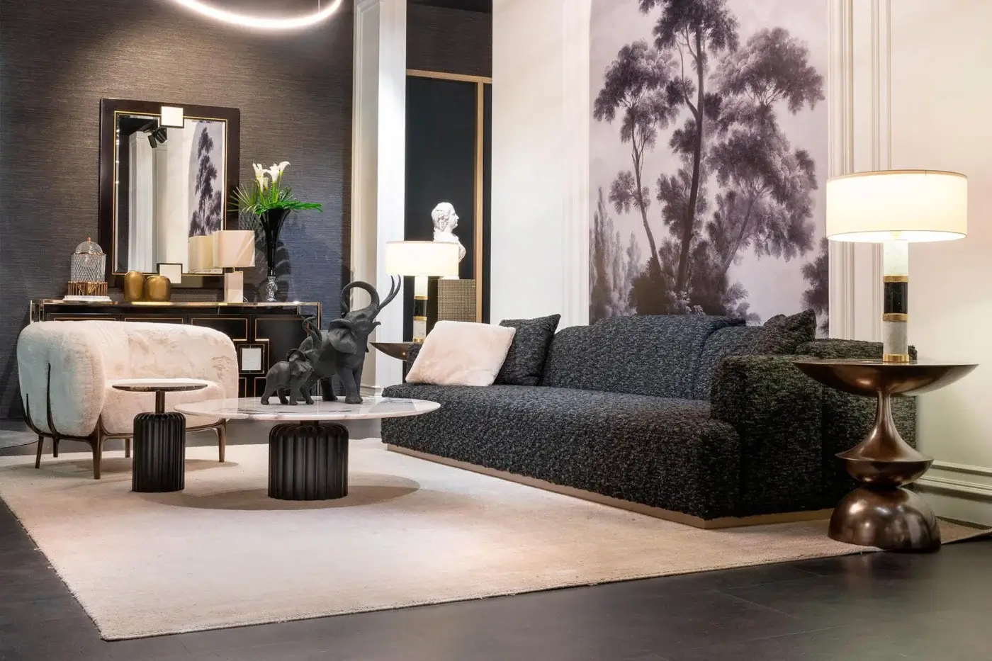 Elegant Zanaboni Nouvelle Vague sofa with dark gray textured textile upholstery and Canaletto walnut-stained wooden base