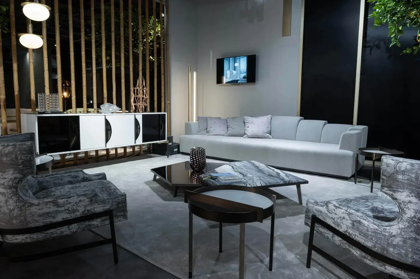 Superior Zanaboni Nouvelle Vague sofa with muted gray textured textile upholstery and Canaletto walnut-stained wooden base