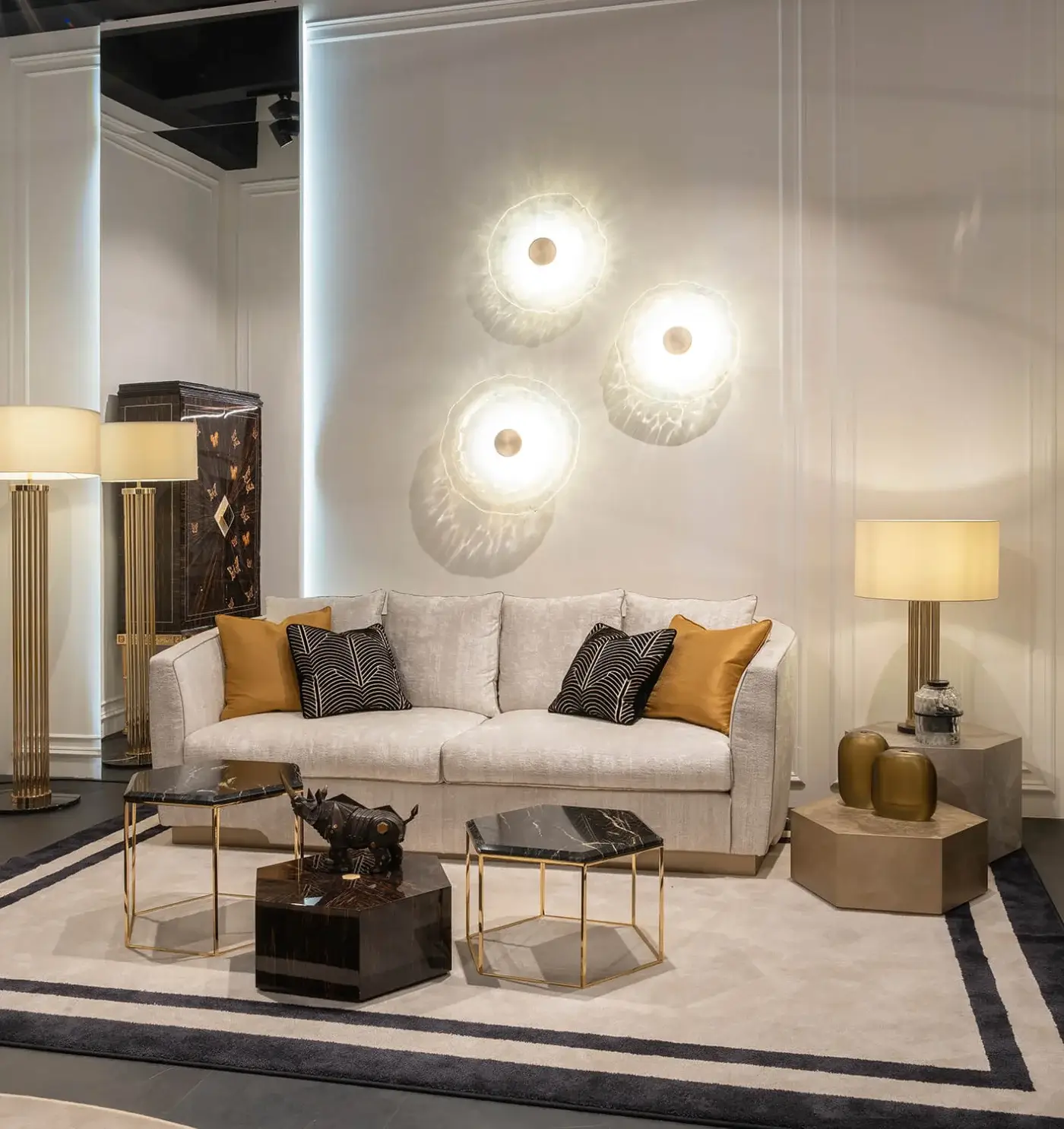 Exceptional Zanaboni Morgana sofa with light neutral tactile fabric upholstery and satin brass recessed base