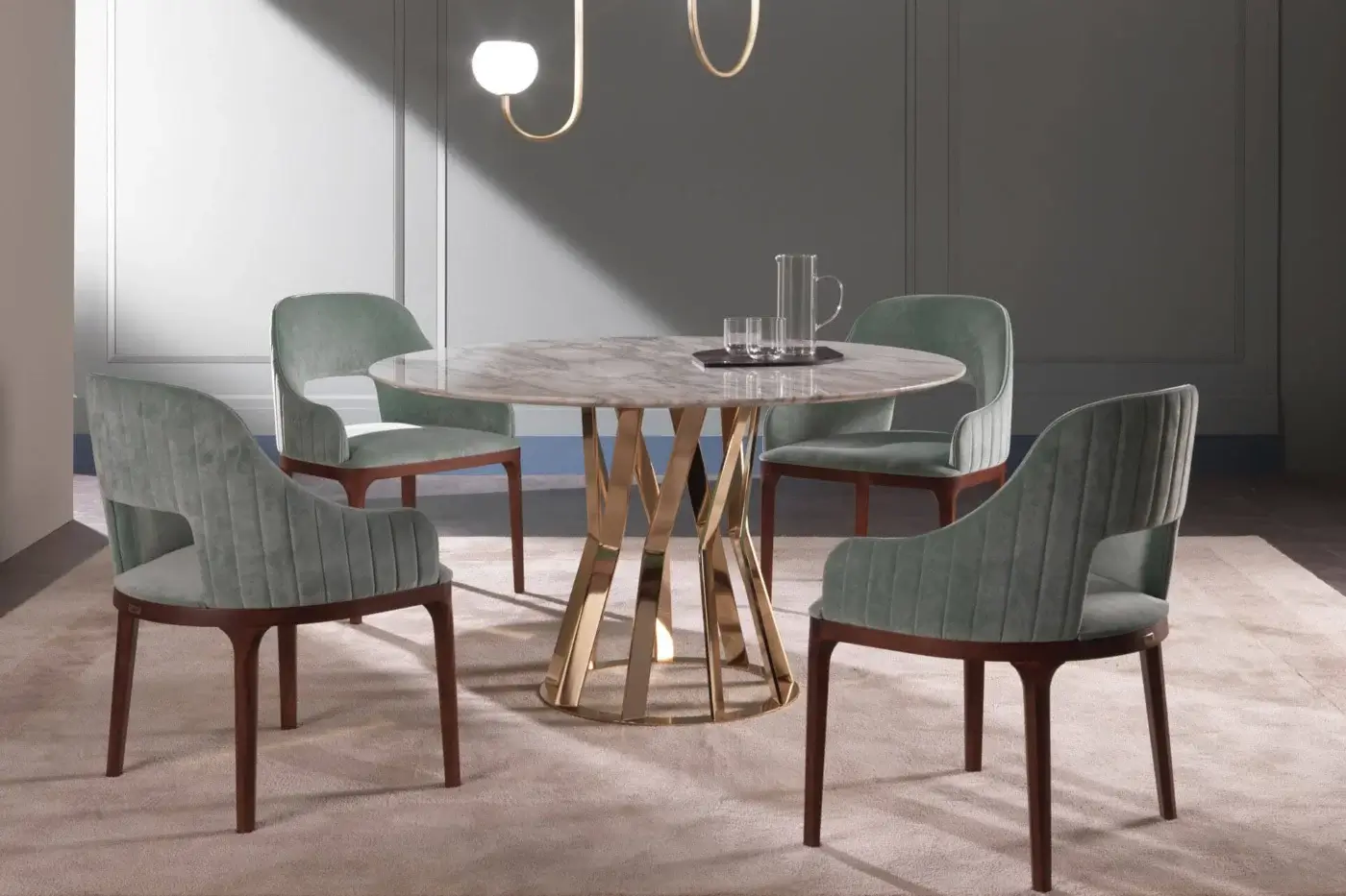 Superior Zanaboni Ray round table with a circular marble top and polished bronzed metal articulated base