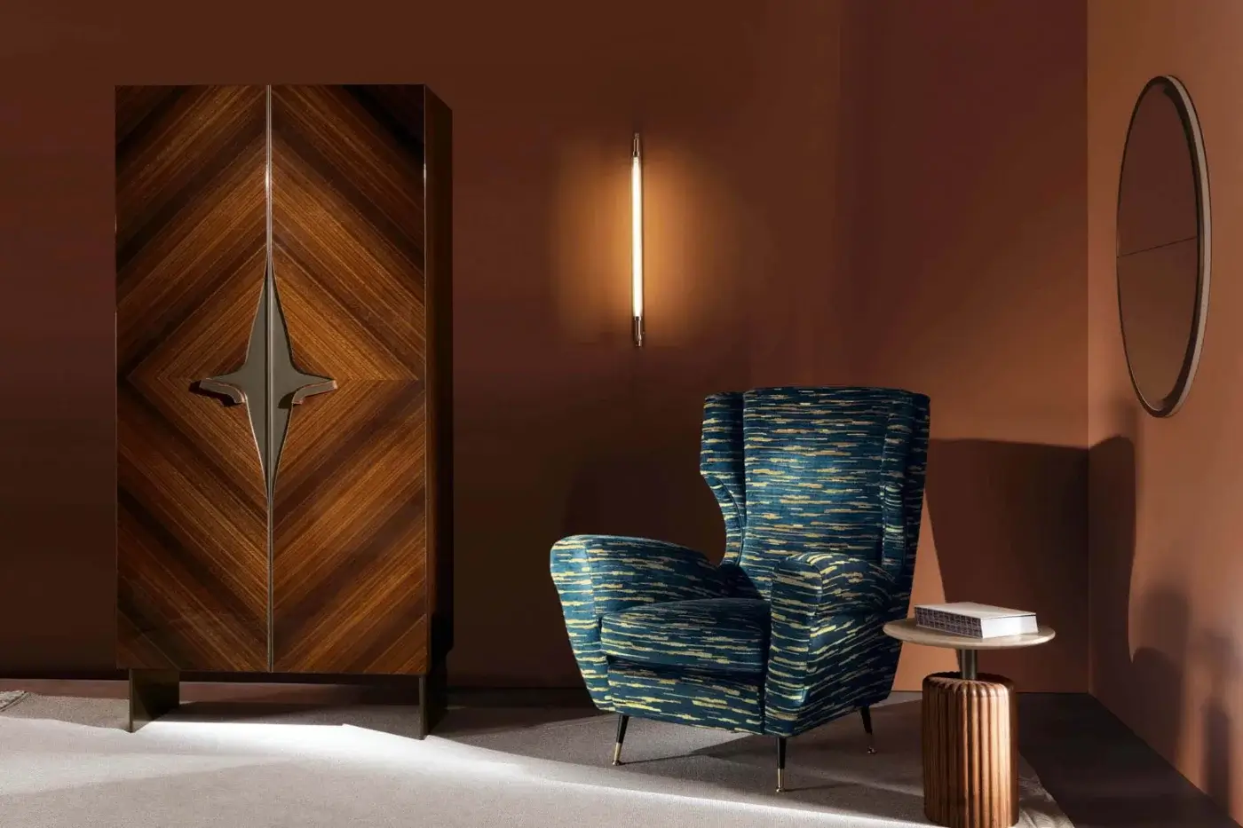 Architectural Zanaboni Romance cupboard crafted from glossy eucalyptus wood with bronzed lux metal and starburst hardware