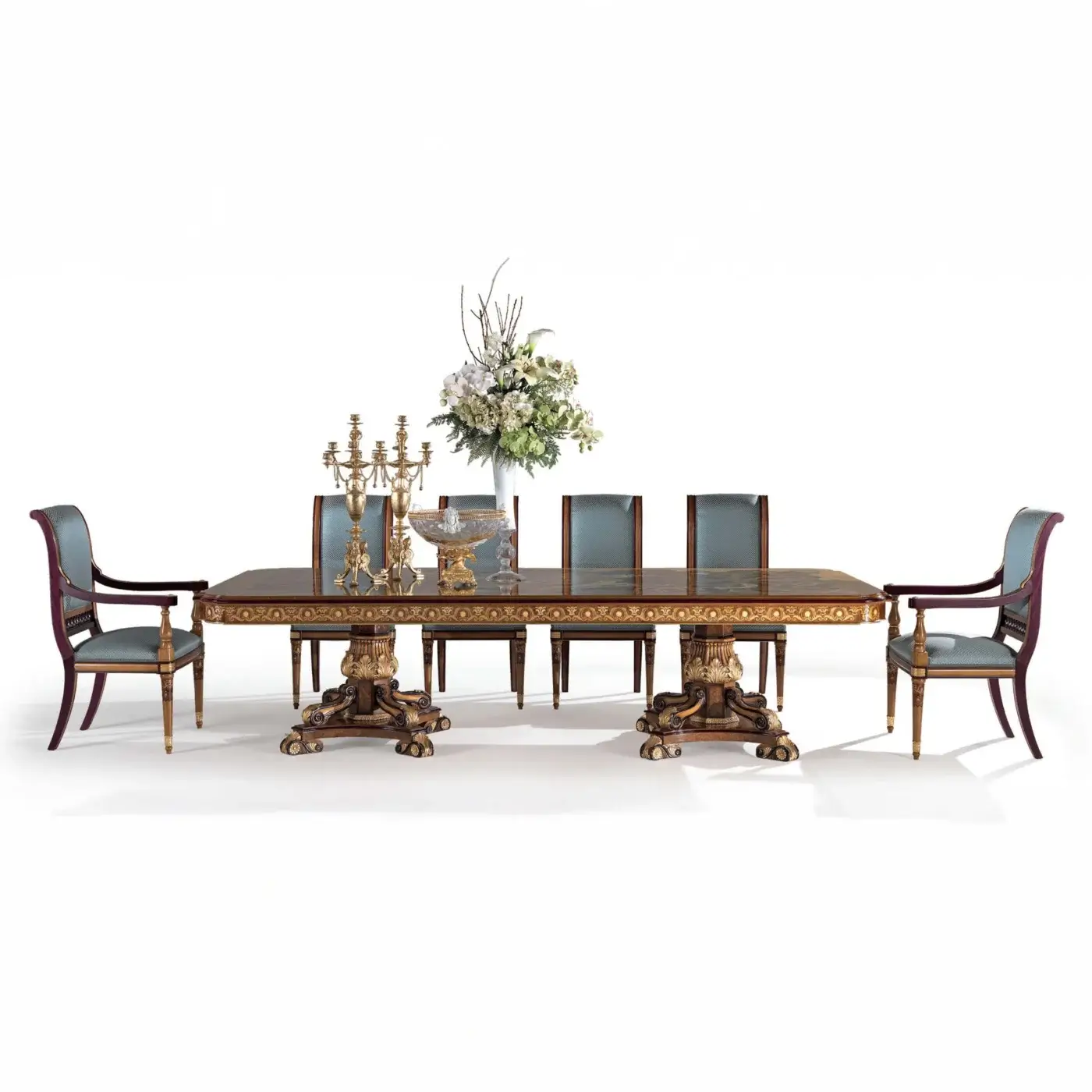 Lavish Armando Rho A1359 table crafted in walnut Persian burl, cherry wood, amaranth with brass and malachite scagliola accents and glossy finish