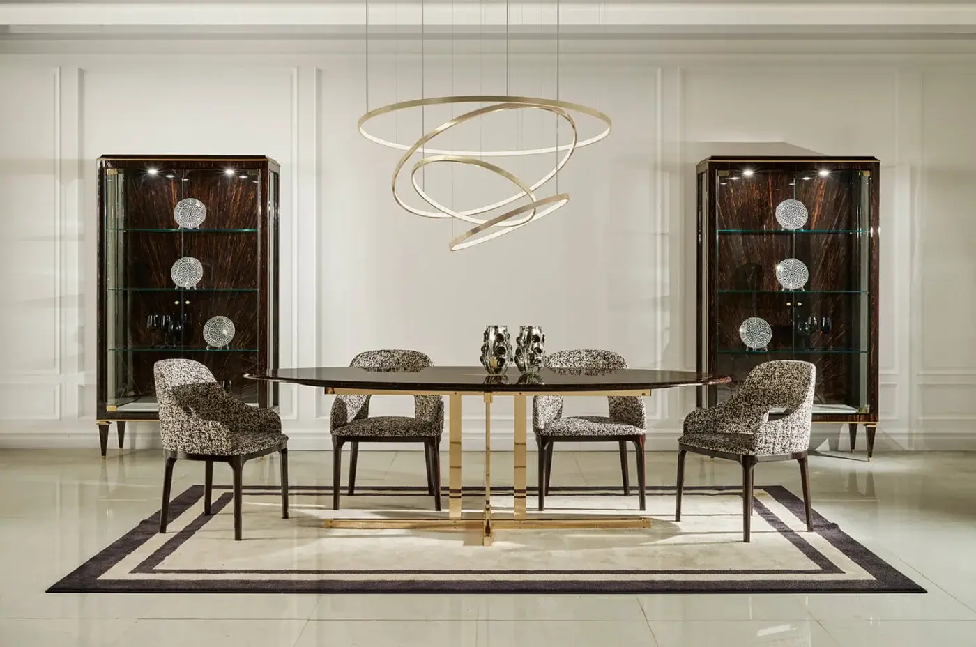 Exceptional Zanaboni Addison armchair crafted with walnut-stained ash wood and patterned beige, brown, black textile upholstery