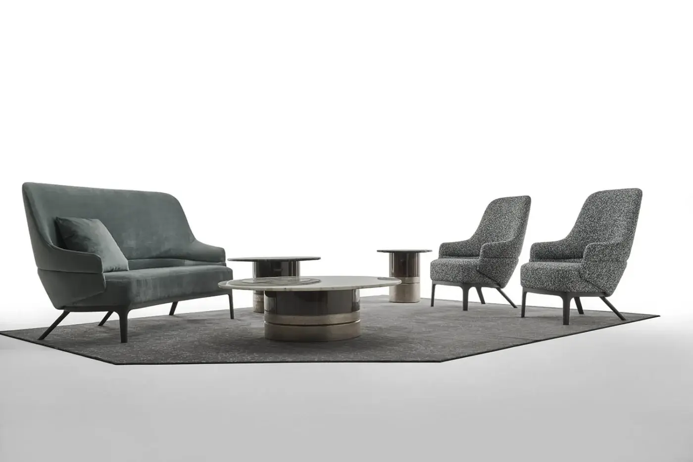 Distinguished Zanaboni Kore sofa handcrafted in Italy with gentle curves and textured teal textile upholstery