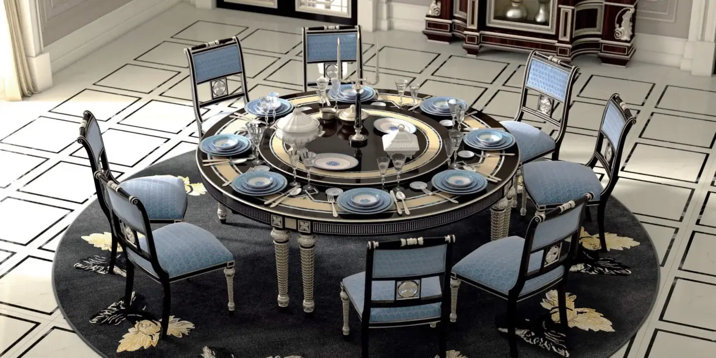Distinguished Armando Rho 1353 table crafted in ebony amara, maple, and black mother-of-pearl with integrated silver details and glossy dark finish