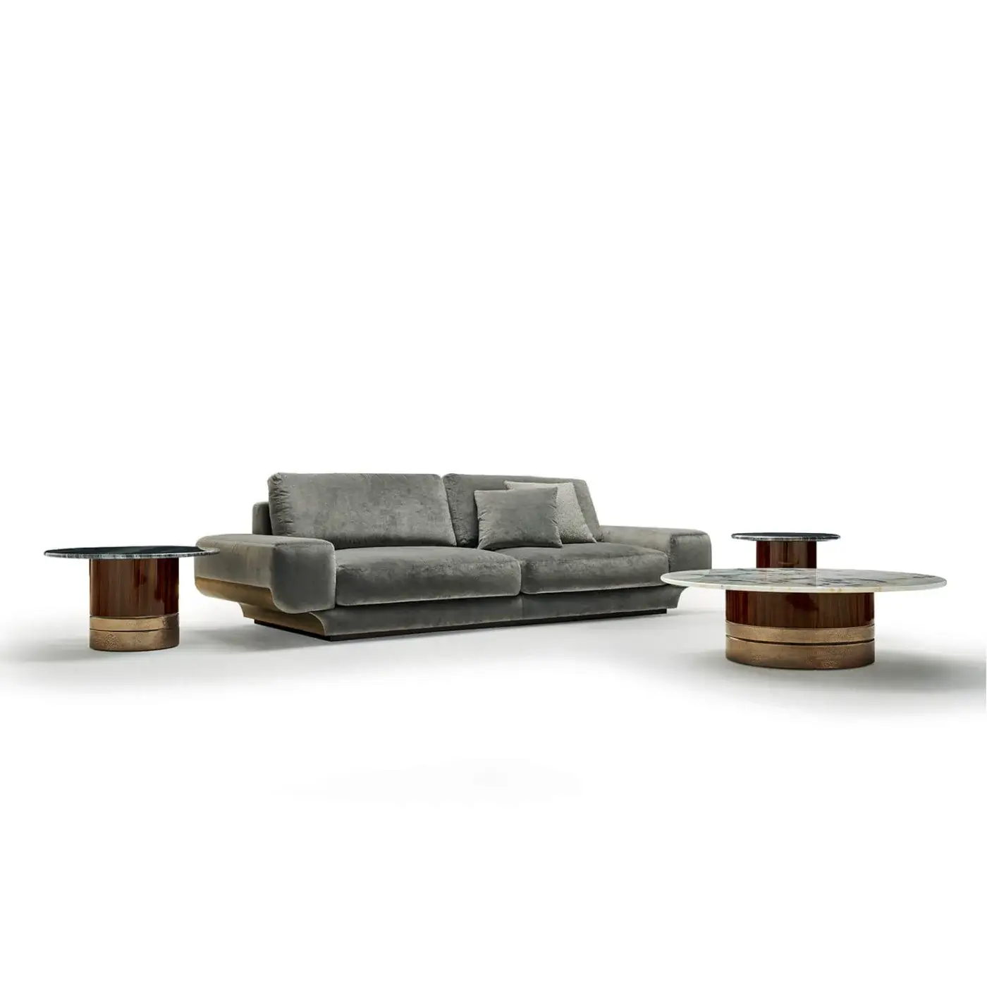 Captivating Zanaboni Milo sofa with plush muted gray textile upholstery and sleek aluminum detail wrapping armrests