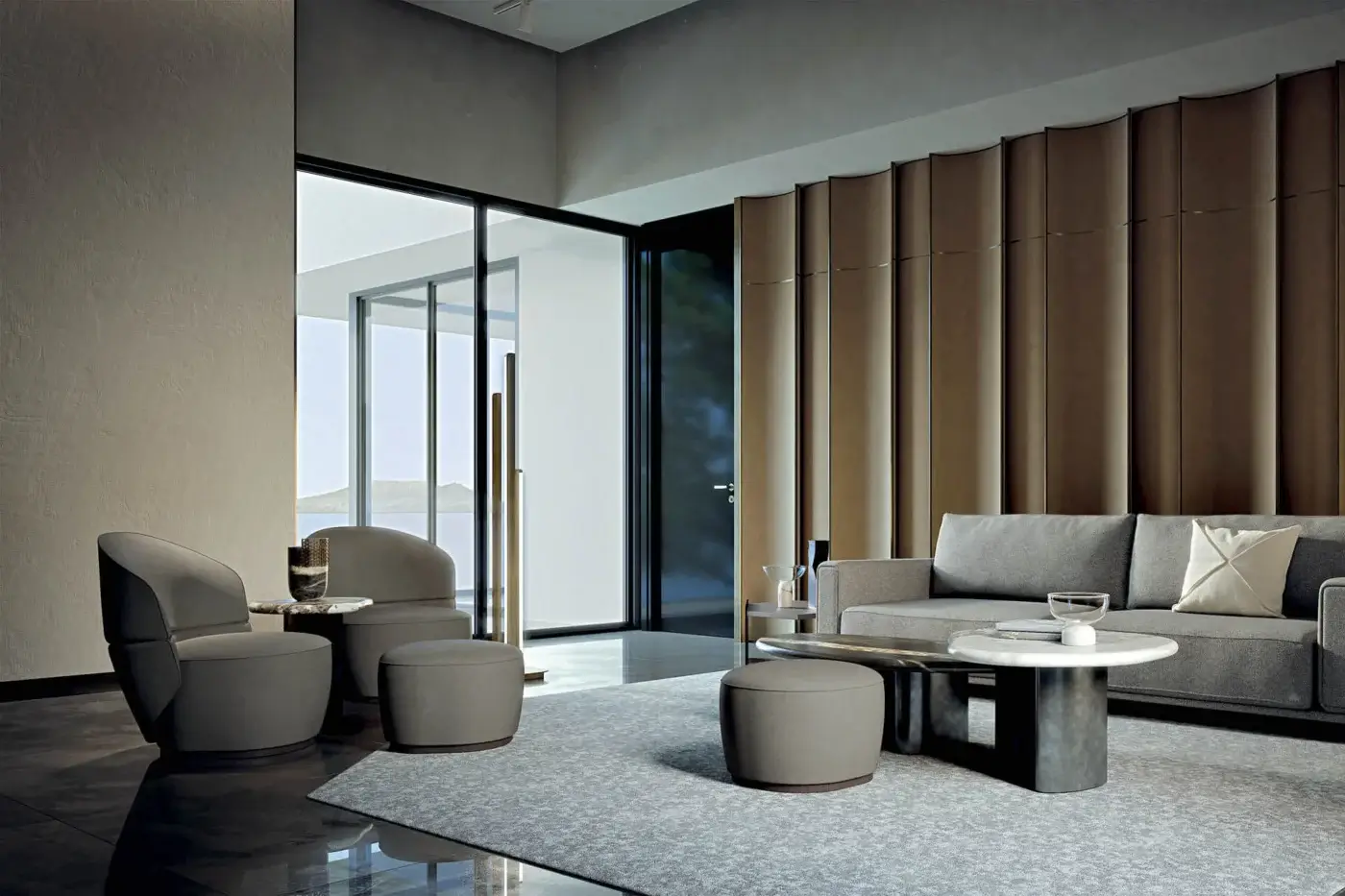 Exceptional Zanaboni Alma ottoman with muted gray textile upholstery and gray-stained ash base with matte finish