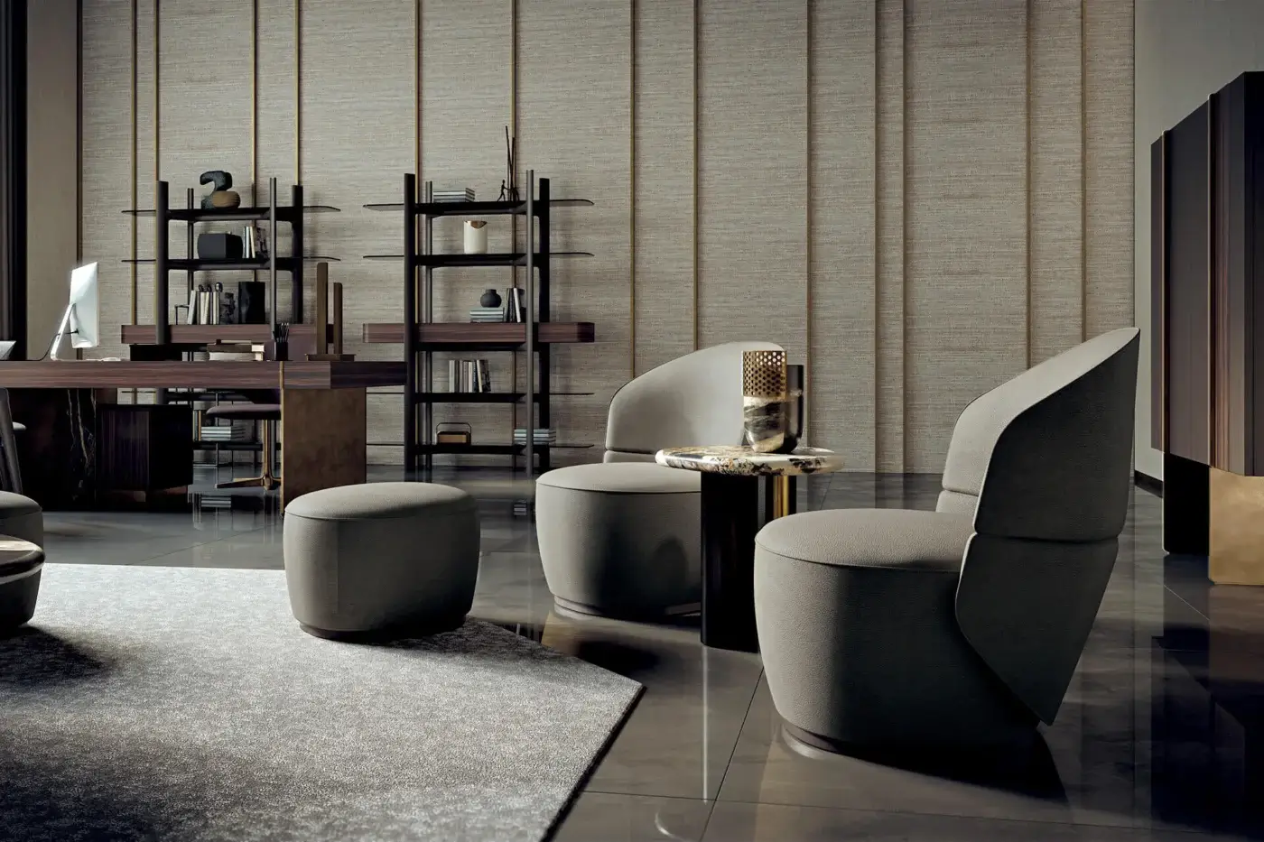 Lavish Zanaboni Alma ottoman with gently curved form, muted gray textile upholstery and gray-stained ash base