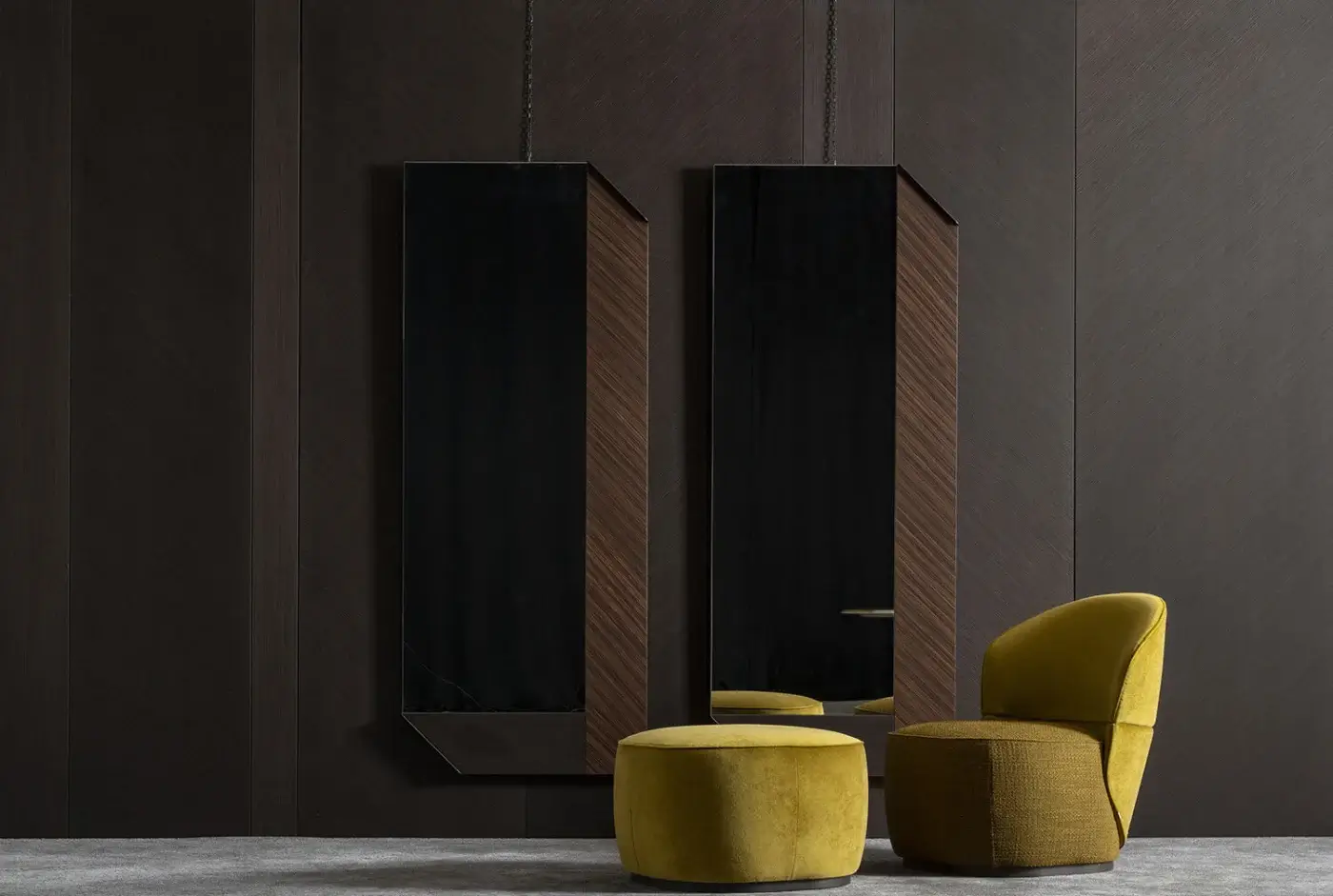 Superior Zanaboni Alma ottoman with plush golden yellow velvet upholstery and grey-stained ash base with matte finish