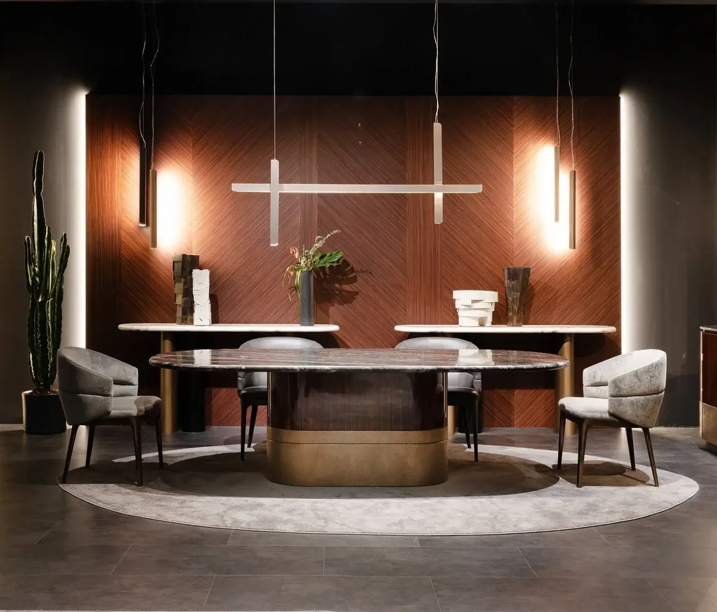 Exceptional Zanaboni Alma Decor table built in silver Paradiso marble with a glossy striped rosewood pedestal and antique bronze grainy finish