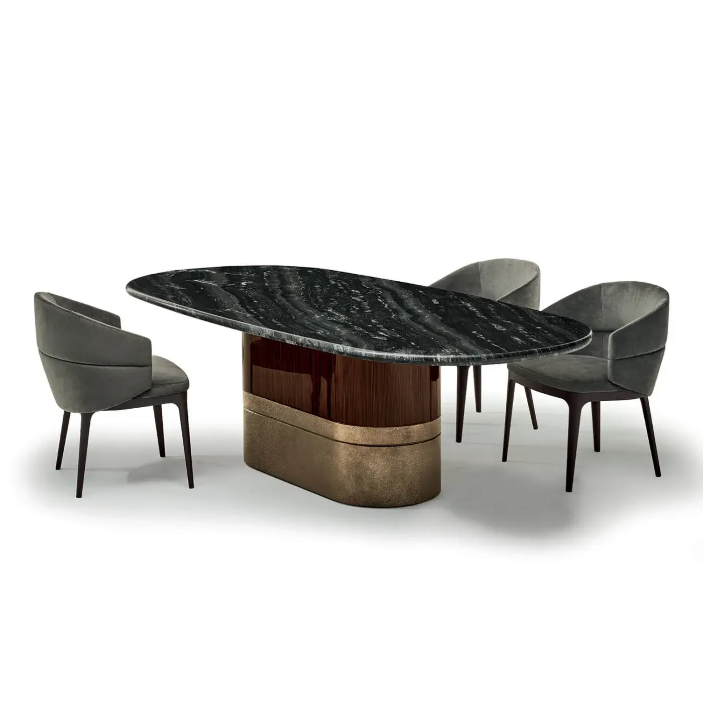 Distinguished Zanaboni Alma Decor table built in silver Paradiso marble with a glossy striped rosewood pedestal and antique bronze grainy finish metal base