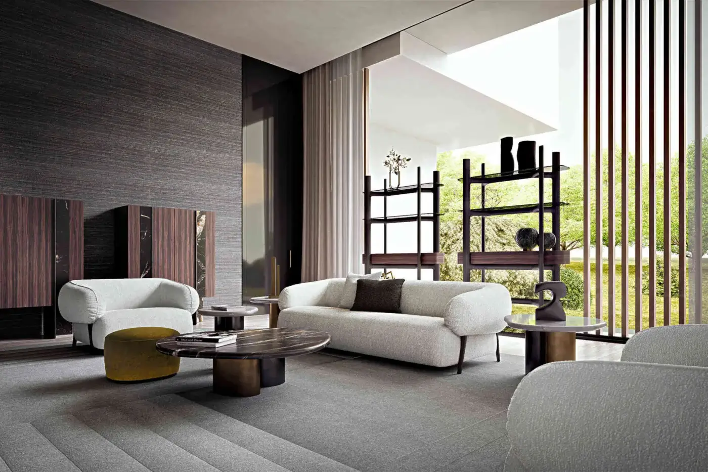 Innovative Zanaboni Carol lounge chair with woven textile and glossy dark-toned wood, exhibiting a rounded form