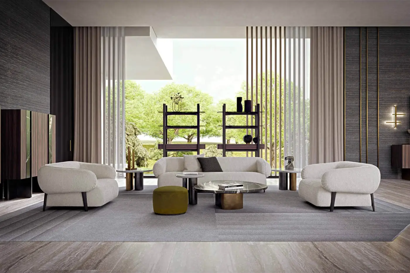 Distinguished Zanaboni Carol lounge chair built with soft textured beige textile and sturdy wood structure