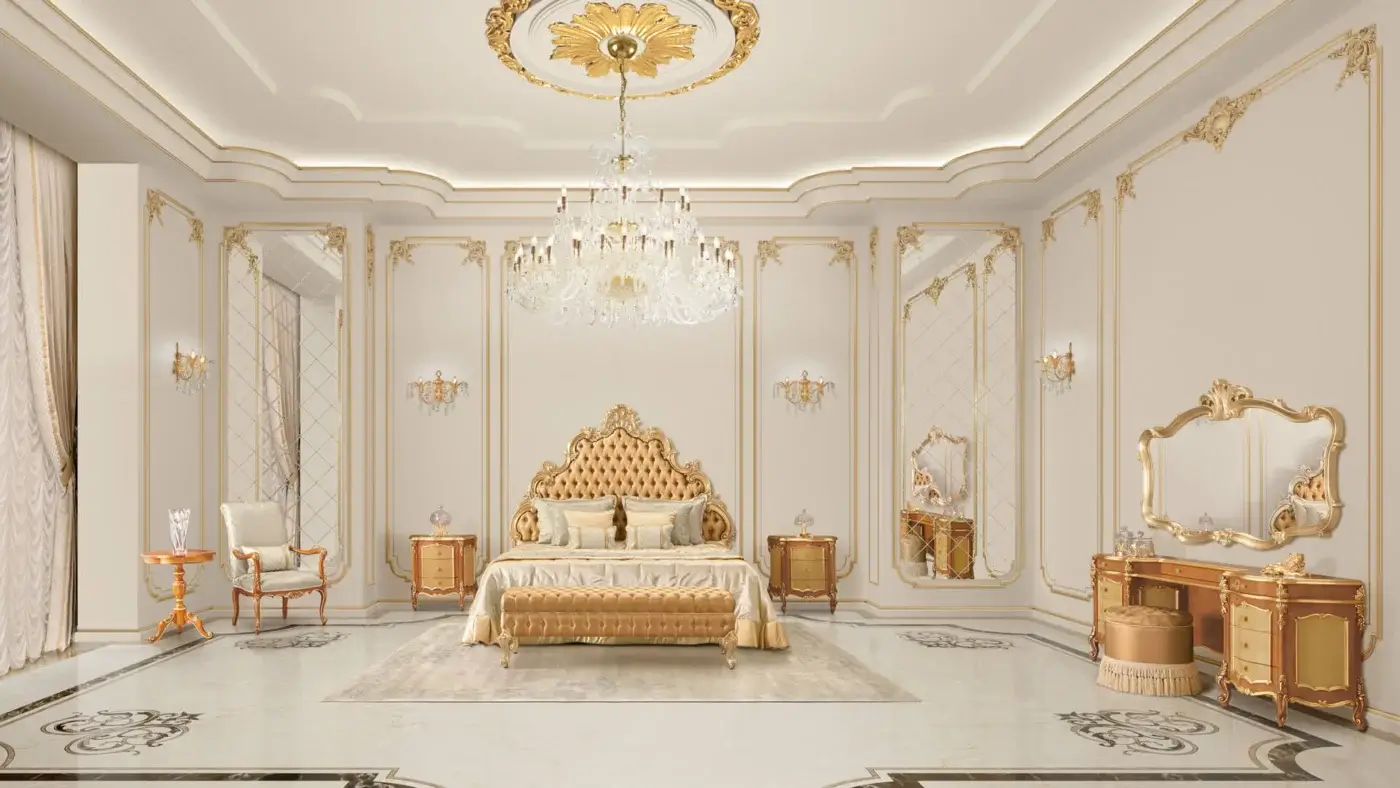Distinguished Modenese Royal Blend round ottoman in light beige textile with glossy wood base and gold-toned accents