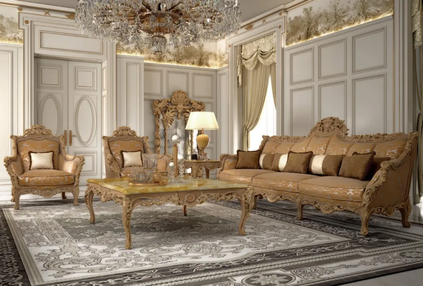 Exceptional Armando Rho A1363 coffee table crafted in light cherry wood with gold leaf accents and a refined marble top