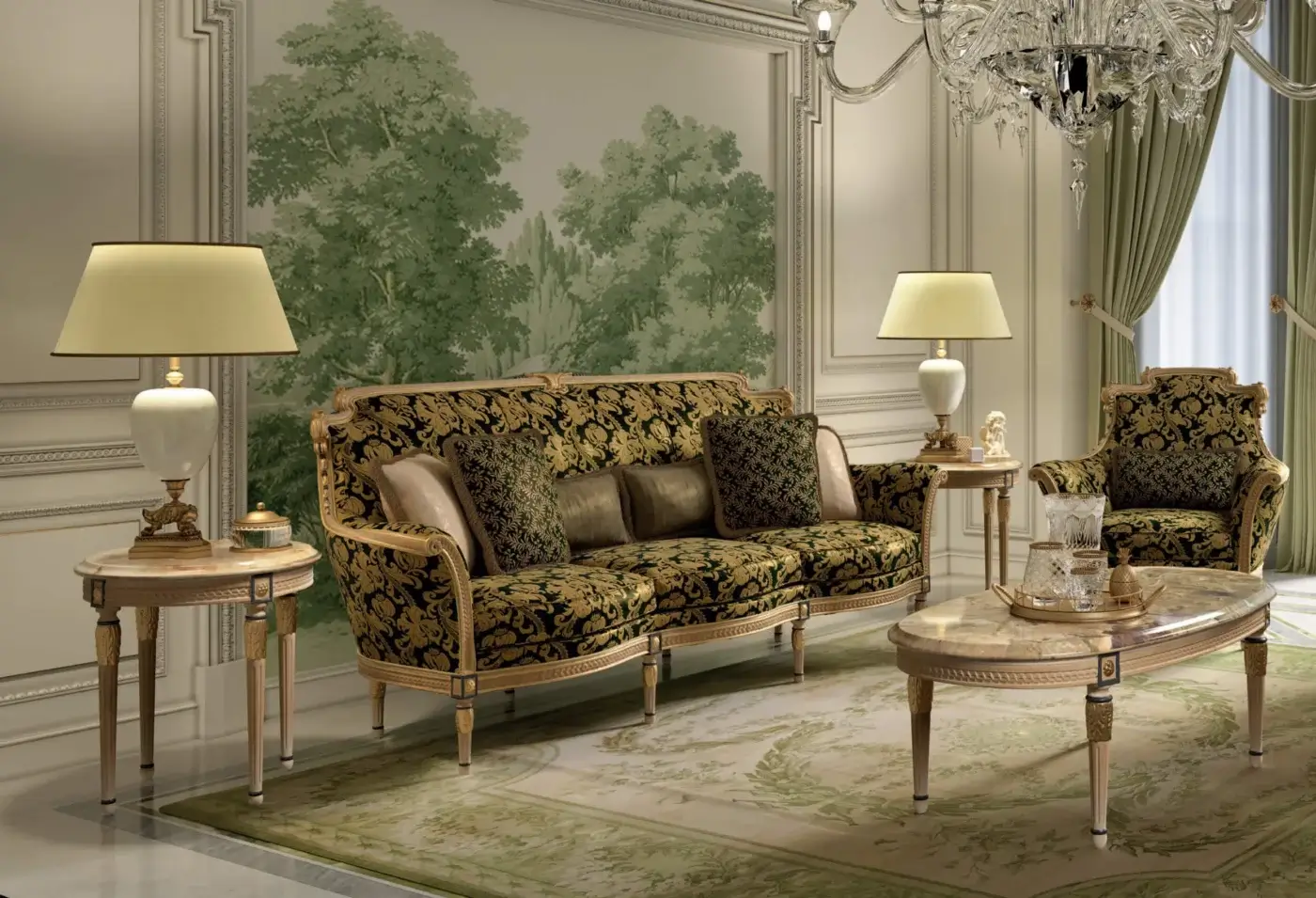 Exquisite Armando Rho A1423 side table crafted in Italy with green onyx and antique walnut finish featuring decappè effect