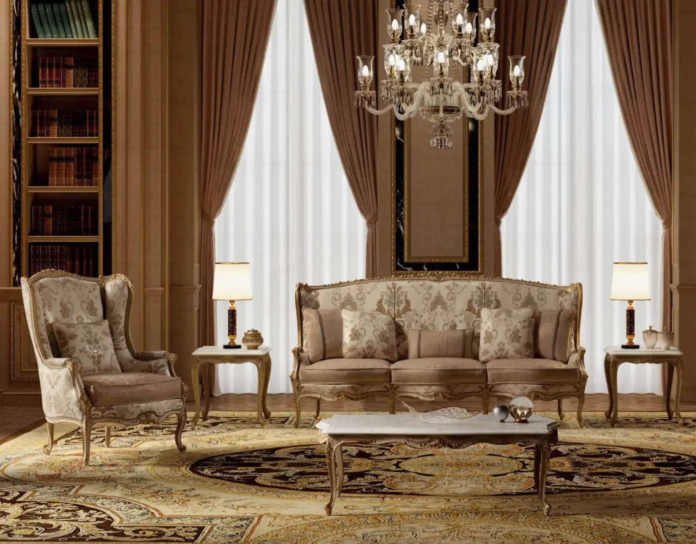 Elegant Armando Rho A1410 coffee table with French Louis XV–style design in natural oak and marble, enhanced with gold leaf accents