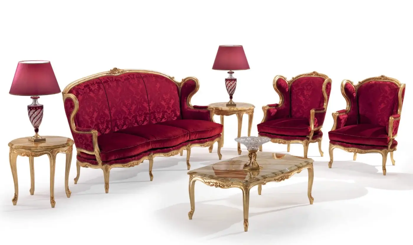 Superior Armando Rho A1374 coffee table with sculpted frame, luminous gold leaf and cool marble top
