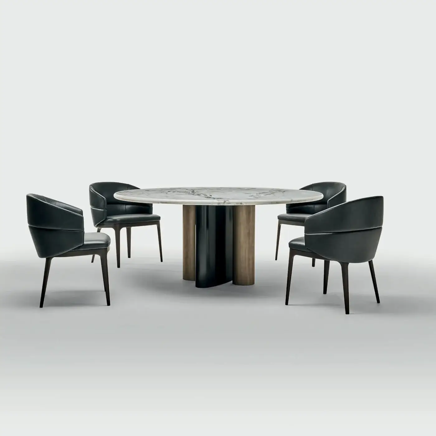 Elegant Zanaboni Cloud table with grey veined marble top and satin bronze cylindrical legs crafted in Italy