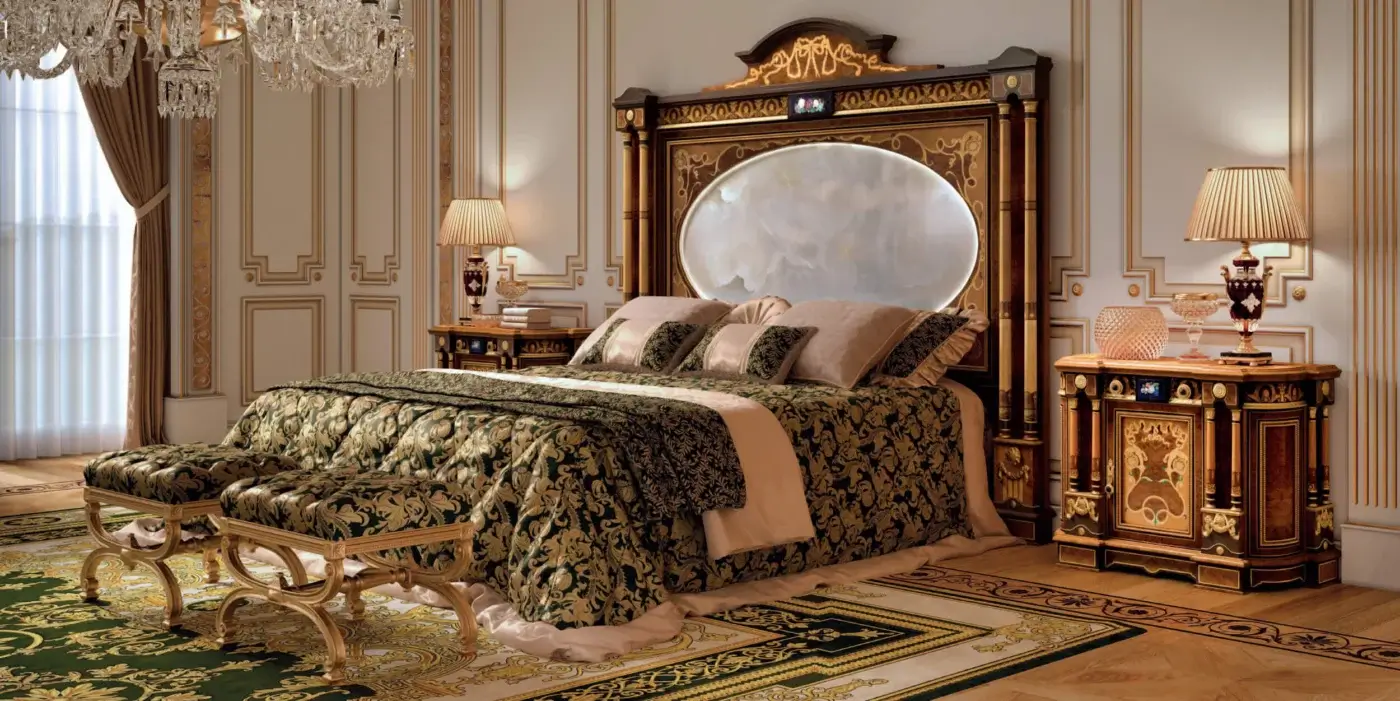 Lavish Armando Rho A1418 nightstand built in walnut Persian burl, cherry wood, and amaranth with glossy finish