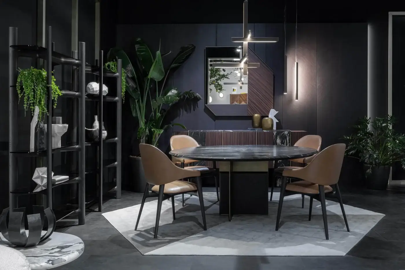 Architectural Zanaboni Kalos table with dark stone-like veining and glossy polished finish built with contrasting matte metal legs