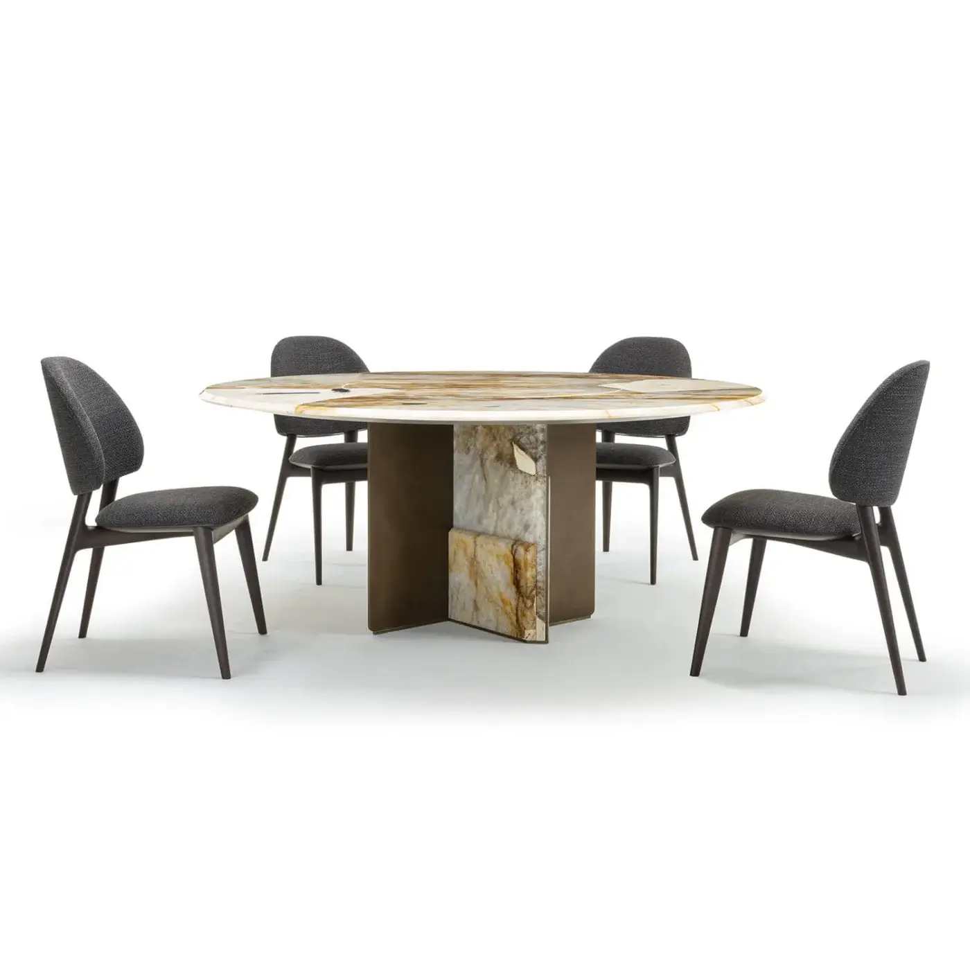 Exceptional Zanaboni Kalos table with a circular tabletop exhibiting translucent amber and white marble and a muted bronze-finished metal base