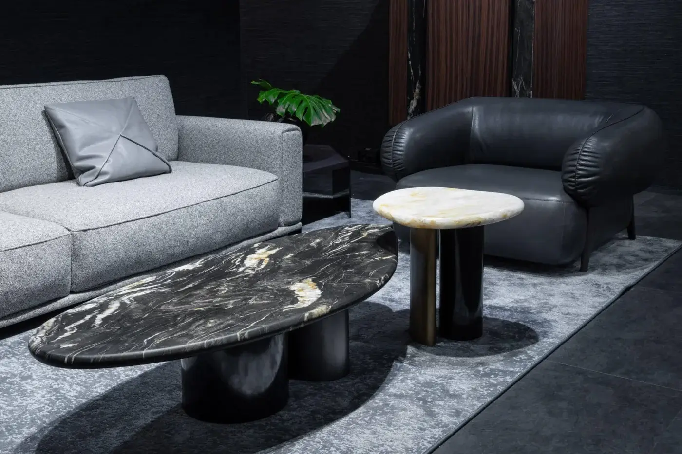 Distinguished Zanaboni Cloud coffee table with dark grey and white veined marble top and dual brushed black metal with cloudy silver support