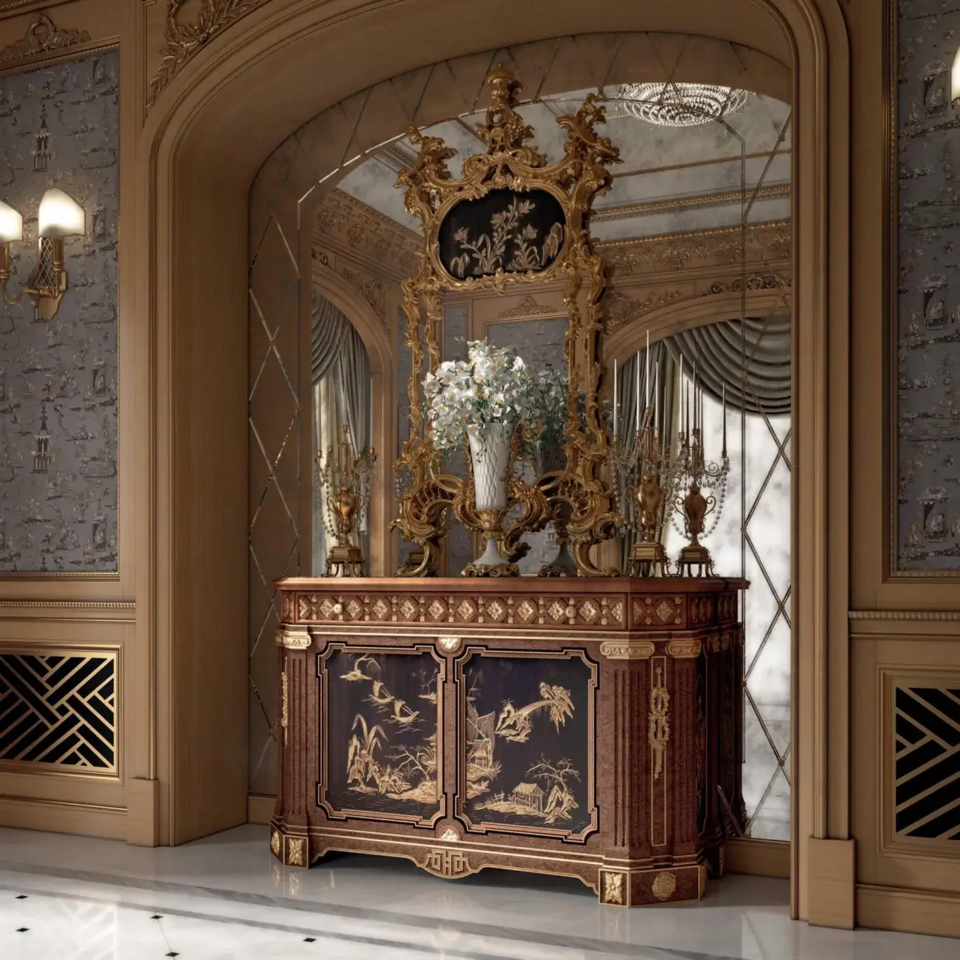 Lavish Armando Rho A1377 cabinet handcrafted in Italy with walnut Persian burl, amara wood, gold detailing and marble surface