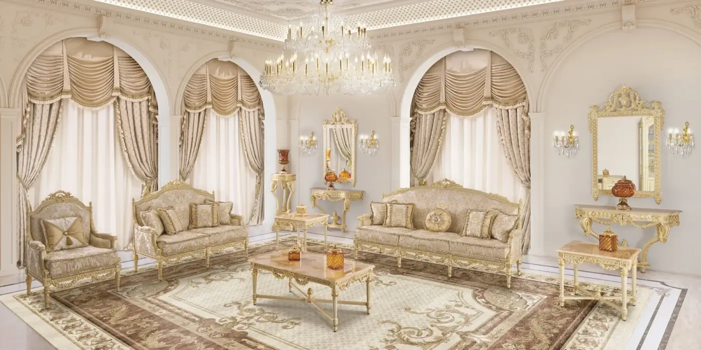 Lavish Modenese Imperial Majesty lounge chair with creamy beige damask upholstery and glossy carved hardwood frame