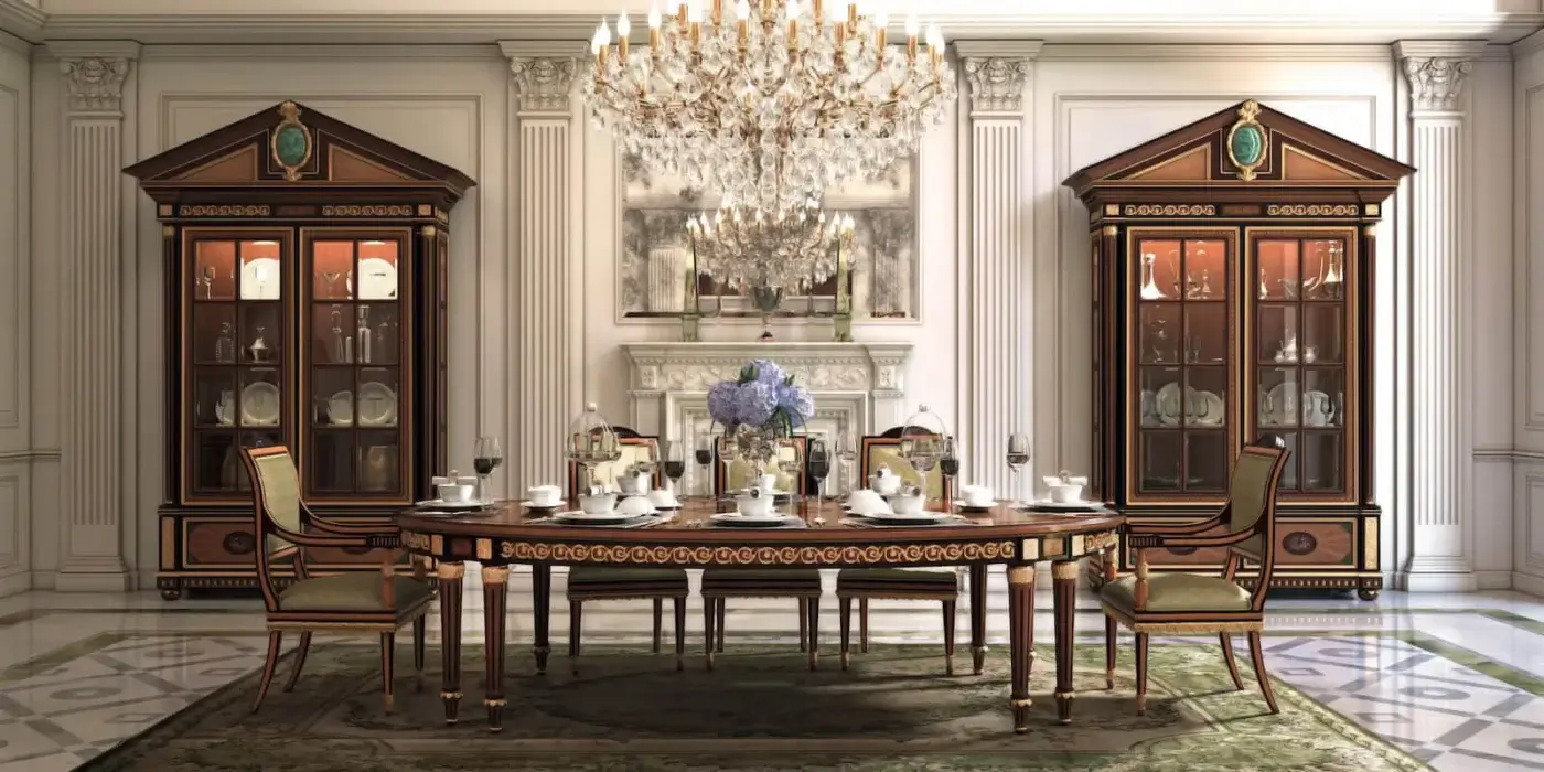 Elegant Armando Rho A1311 table crafted in satinwood, yew wood, and amaranth with glossy inlaid gold and teal detailing