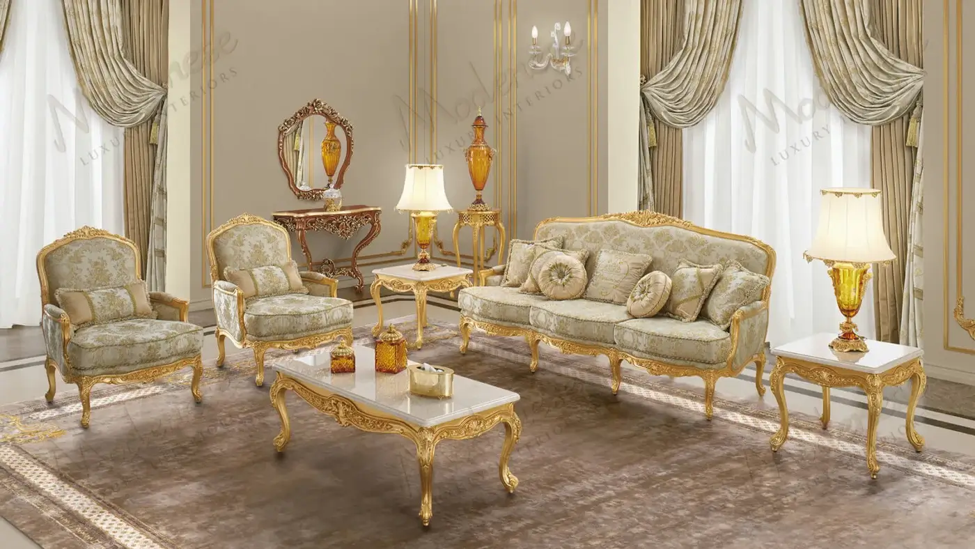 Lavish Modenese Palatial Elegance sofa built with golden damask textile and radiant gold leaf finish
