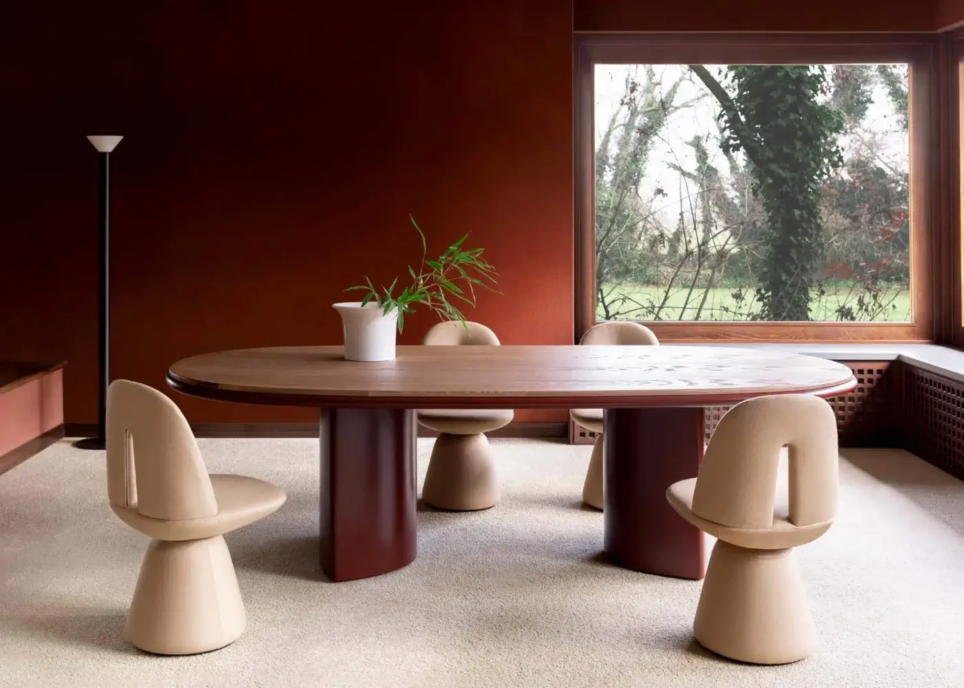 Superior Carpanese Home Bill chair, a dining seat with pale beige textile upholstery and cream finished wooden base