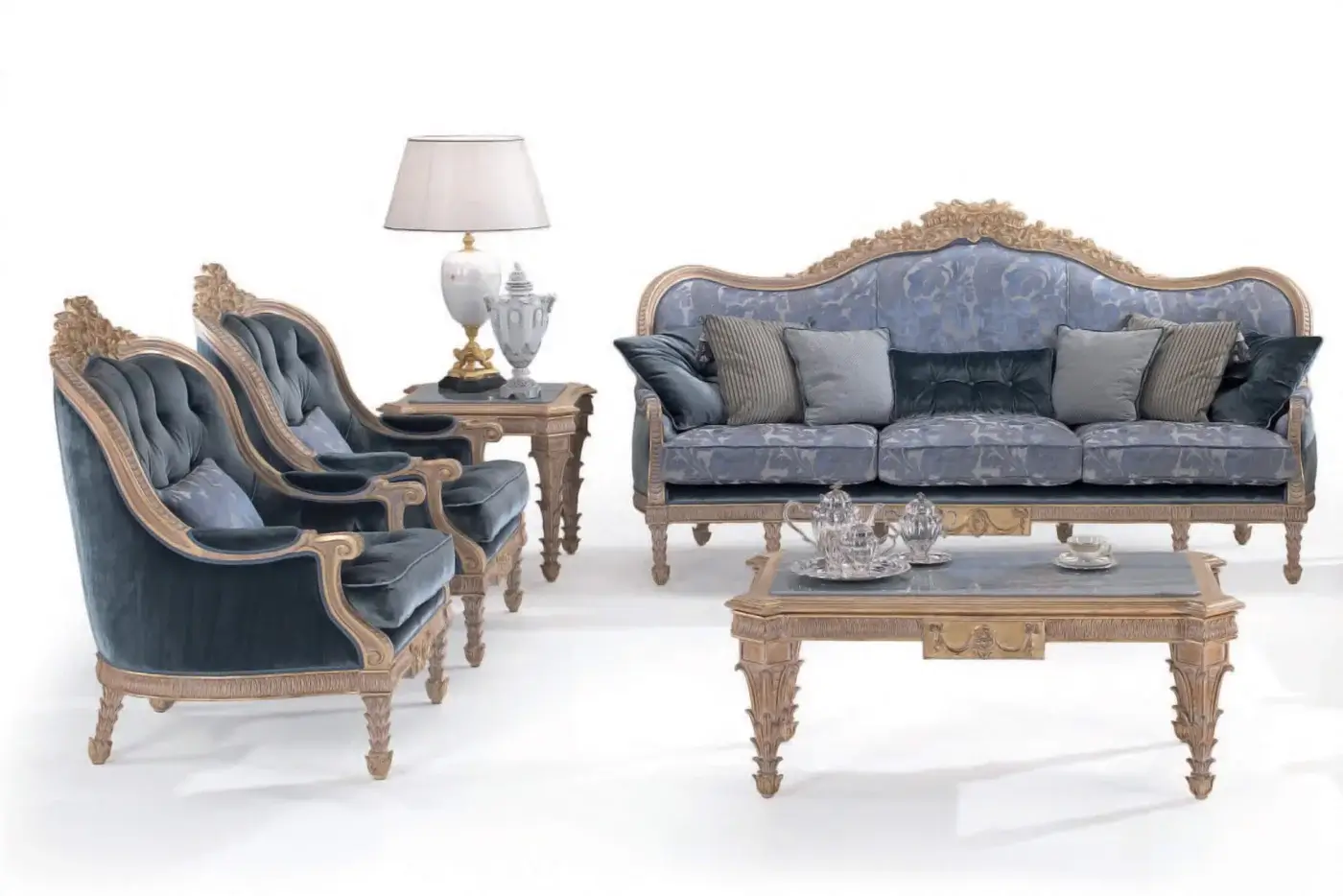 Lavish Armando Rho A1317 coffee table handcrafted in radiant gold leaf with a refined marble top