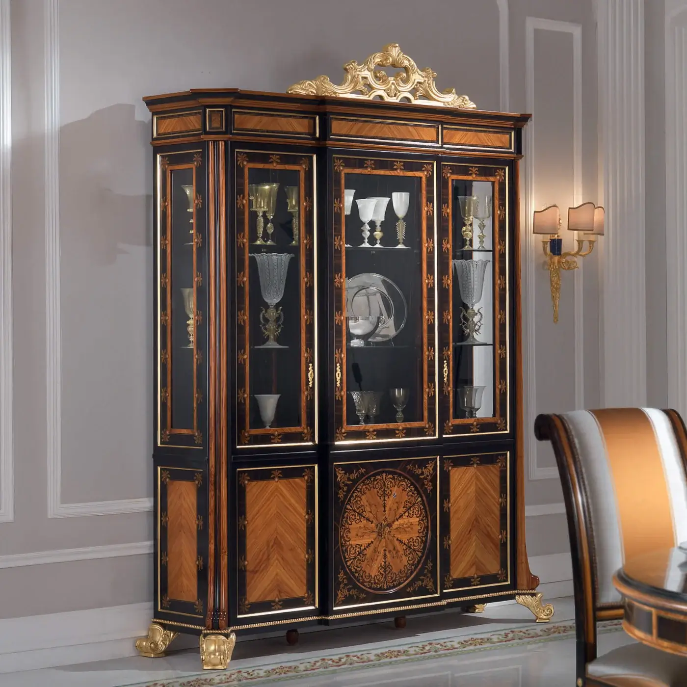 Exquisite Armando Rho A1172 cabinet crafted in bois de rose and ebony with gilded details and a deep black finish