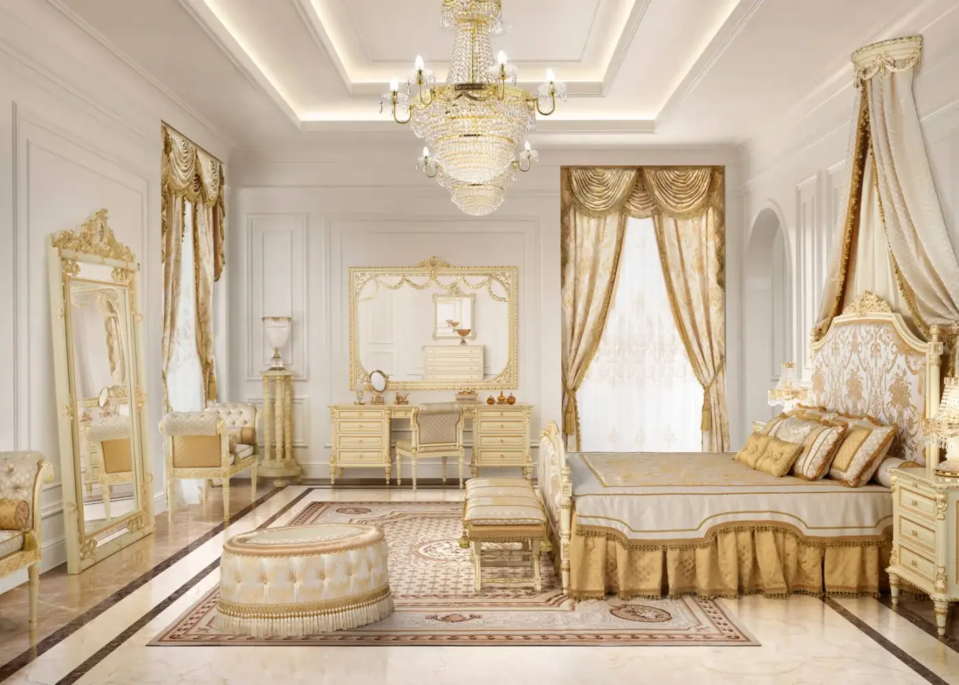 Lavish Modenese Golden Radiance bed built with cream and gold damask fabric and glossy golden wood finish