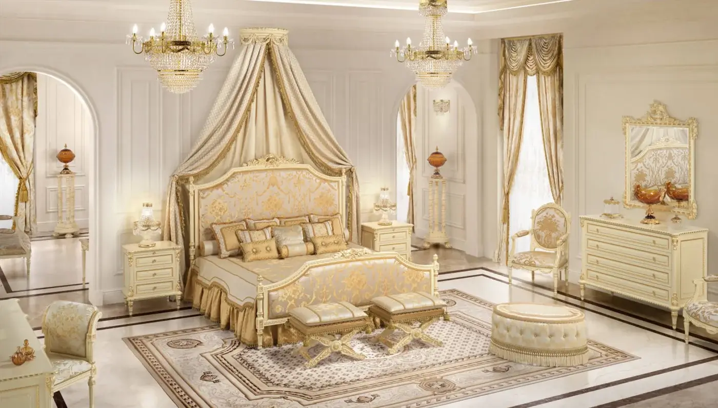 Superior Modenese Golden Radiance bed crafted with wood and upholstered in cream and gold damask fabric with a glossy finish