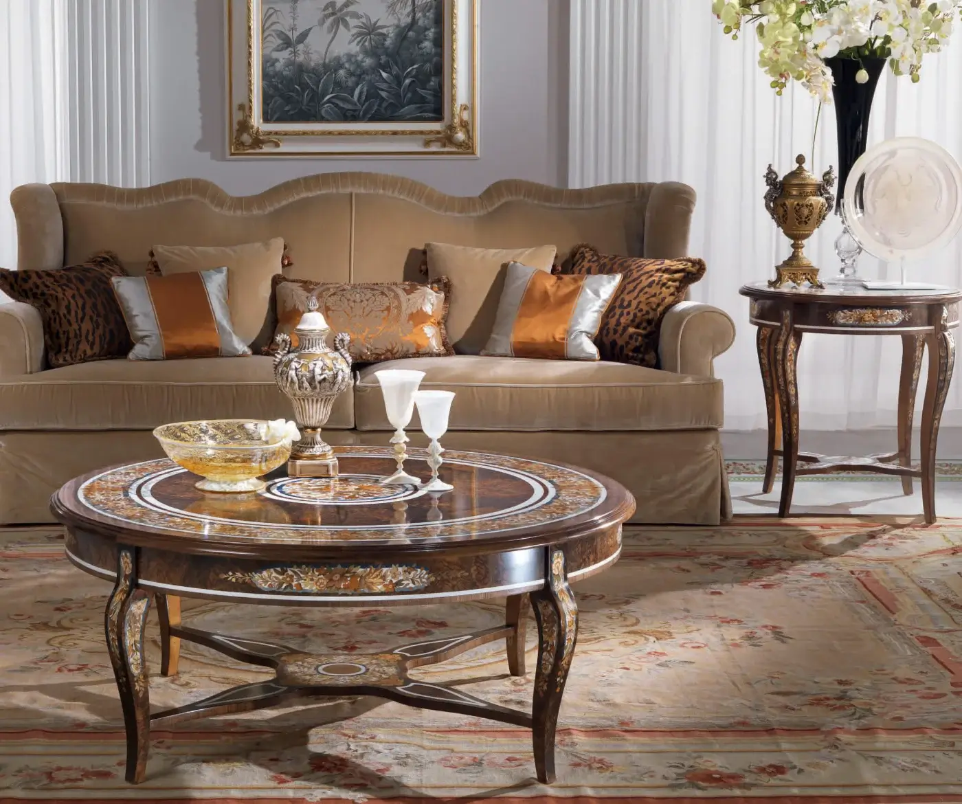 Exceptional Armando Rho A1184 coffee table crafted in walnut Persian burl with subtle inlays and glossy tabletop finish