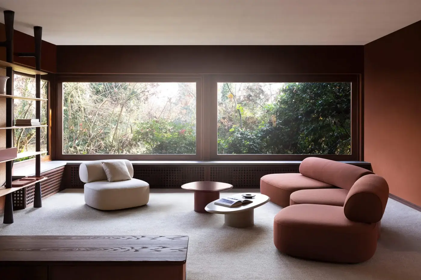 Distinguished Carpanese Home Slow P lounge chair upholstered in plush rose textile with matte finish