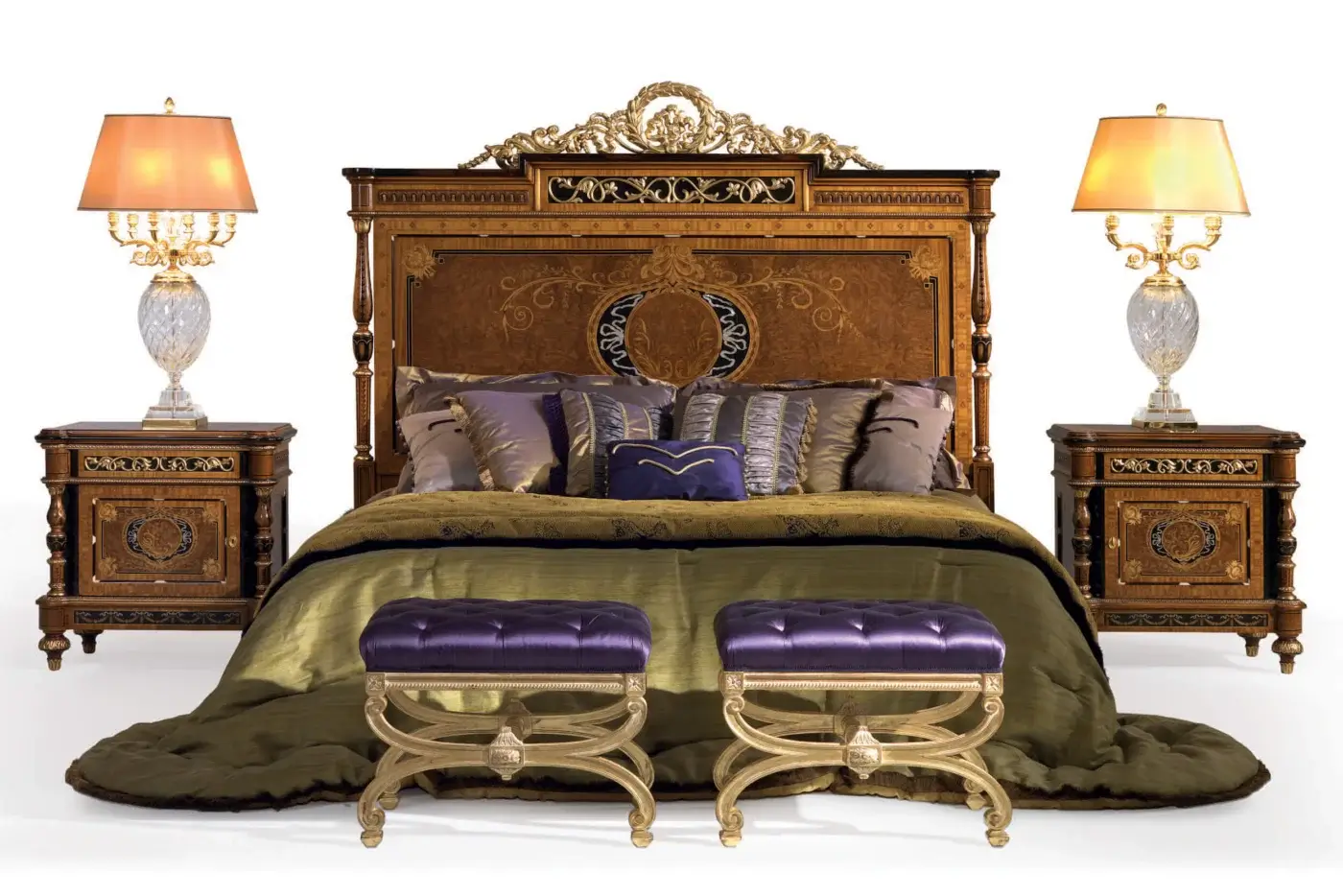 Distinguished Armando Rho A1189 nightstand built in satinwood, walnut Persian burl and ebony with mother-of-pearl inlays and glossy finish