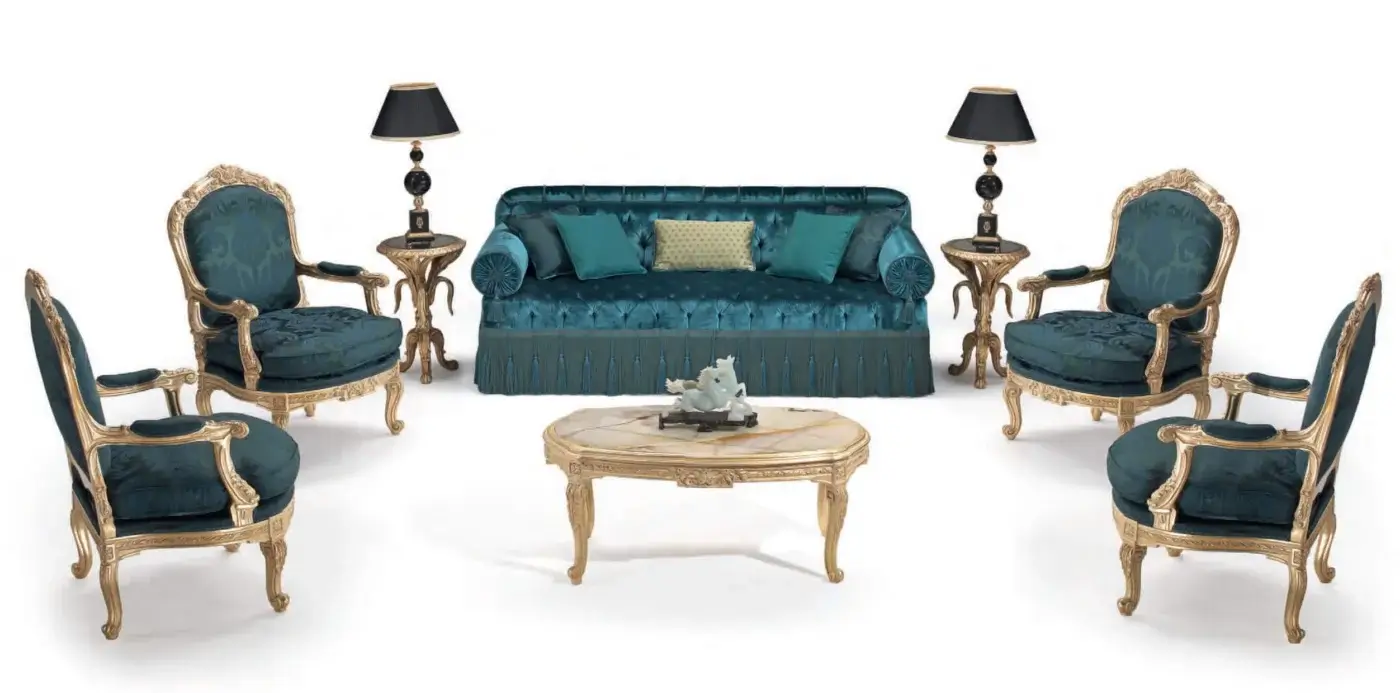 Distinguished Armando Rho A1327 sofa built with teal textile, lighter teal and cream cushions, plus ornate gold-toned wood detailing
