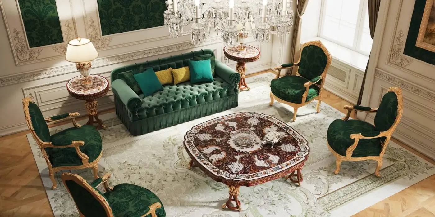 Lavish Armando Rho A1327 sofa built with emerald green upholstery, gold-toned legs and decorative cushions in yellow and teal hues