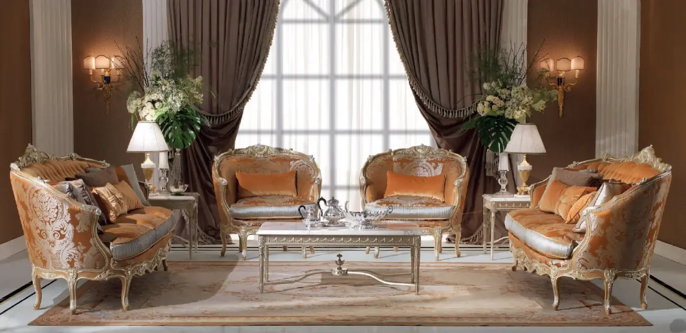 Superior Armando Rho A1242 sofa crafted with orange and beige patterned upholstery and gold leaf finish