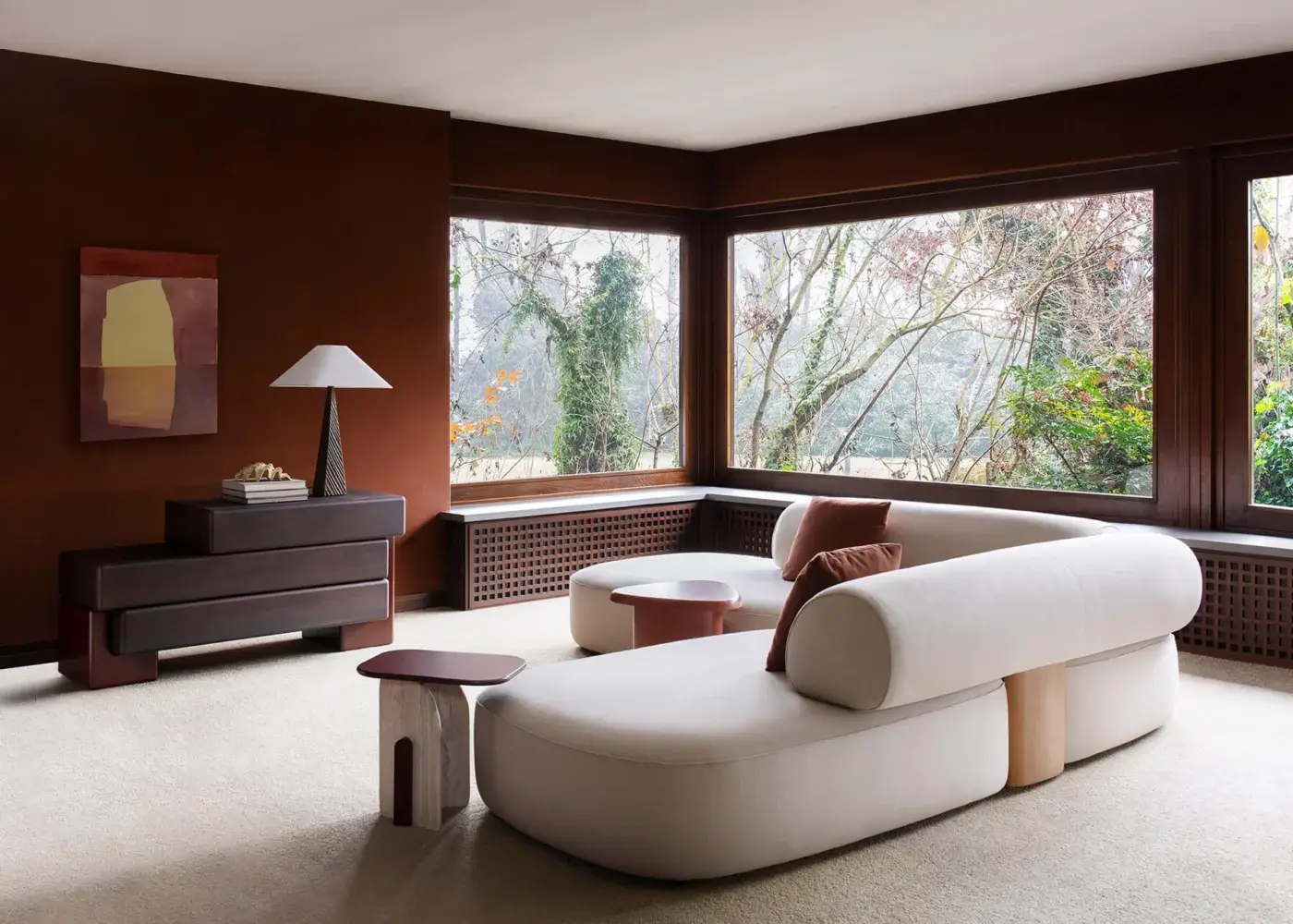 Superior Carpanese Home Slow sectional with smooth off-white textile upholstery and exposed ash wood legs