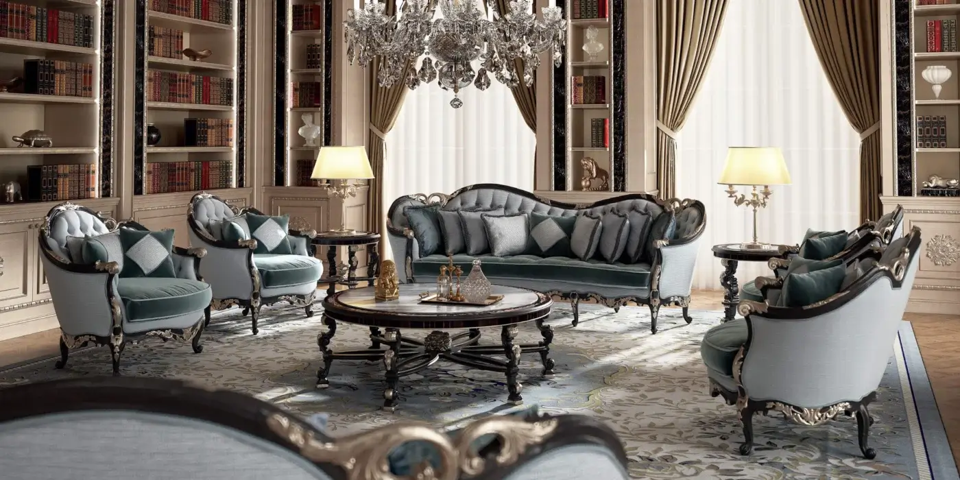 Distinguished Armando Rho A1383 sofa crafted in Italy with baroque influences, black distressed finish and antique silver leaf accents
