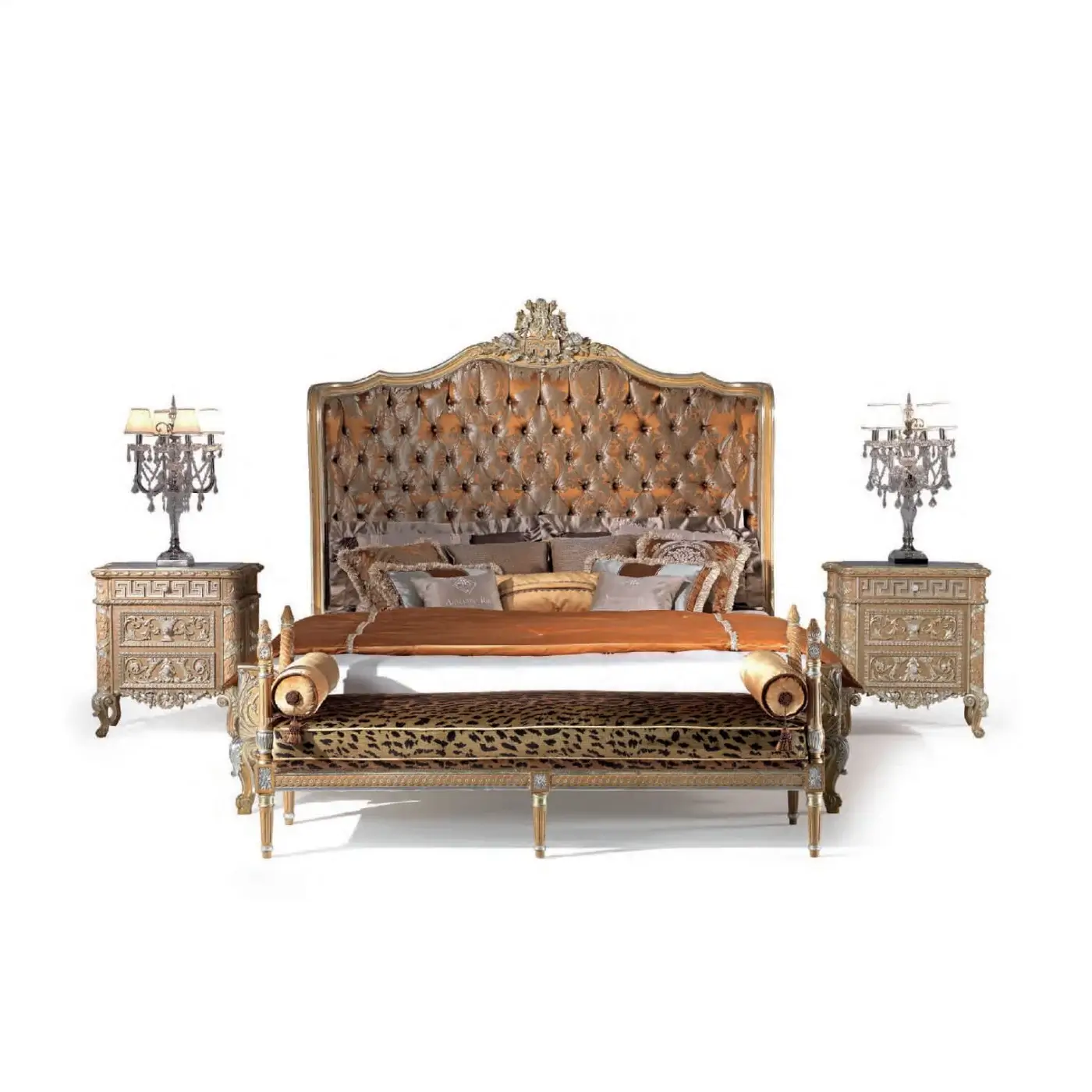 Exquisite Armando Rho A1281 bench crafted in Italy with natural oak, silver leaf, and vibrant animal print upholstery