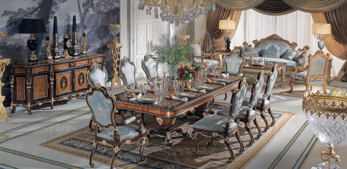 Distinguished Armando Rho A1199 table handcrafted in Italy with ebony, bois de rose, and walnut burl, exhibiting gilded detailing and precious stone inlays