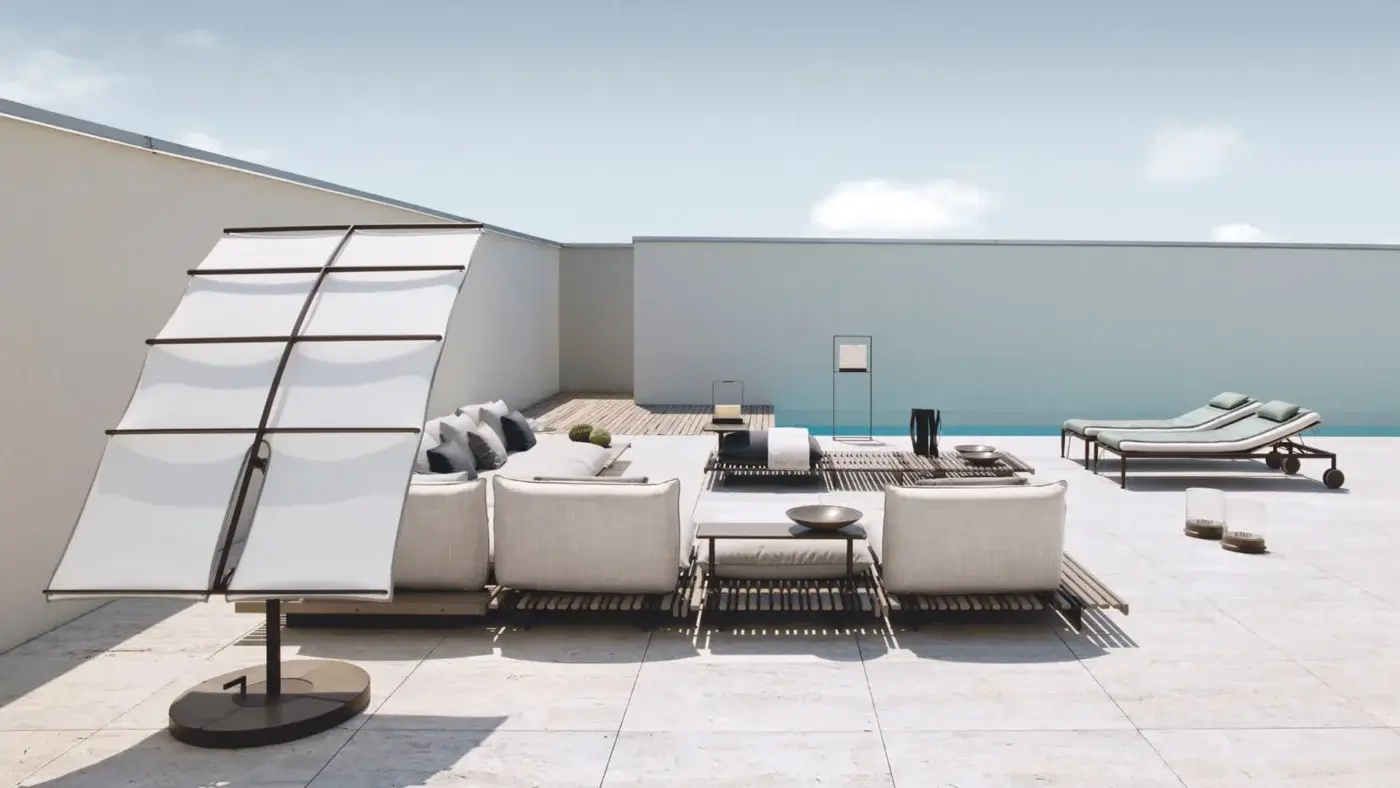 Exclusive Giorgetti Gea lounger with carob aluminum frame and neutral woven textile cushions offers refined outdoor comfort